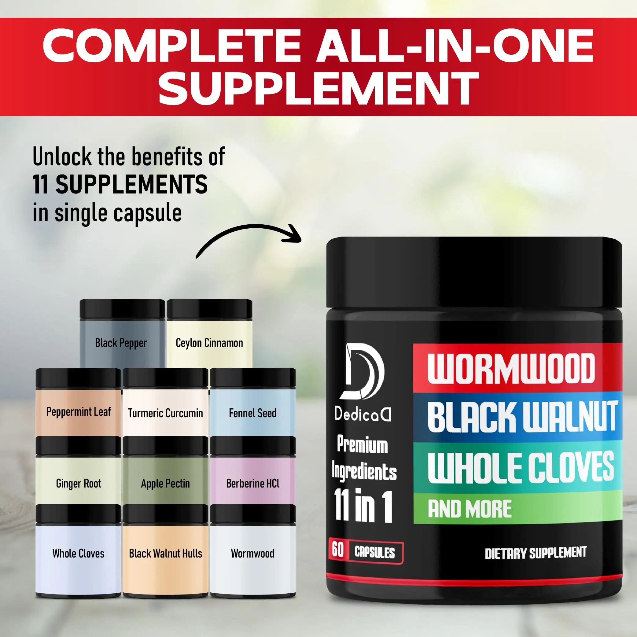 DEDICAD Wormwood Capsules Supplement - Extracted from Black Walnut, Cloves, Turmeric, Apple, Berberine HCl & More - 11 Ingredients Combined for Immune System, Body Management - 60 Capsules DEDICAD buy supplements canada
