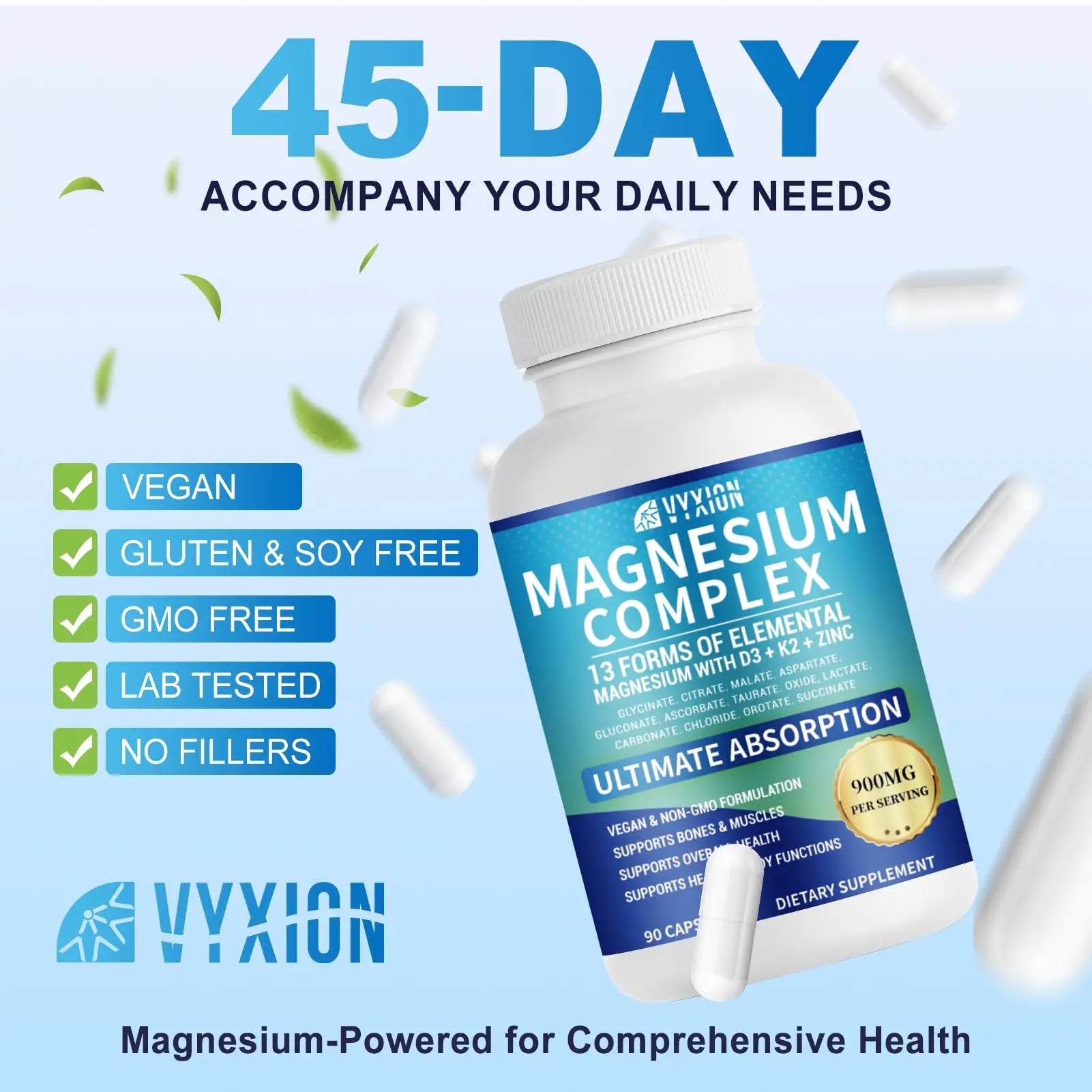 VYXION Magnesium Complex 900mg per Serving – High Absorption Magnesium Glycinate with Vitamin D3 K2 Zinc & B Vitamins – Sleep, Calm, Muscle & Nerve Support – 90 Capsules Vyxion buy supplements canada