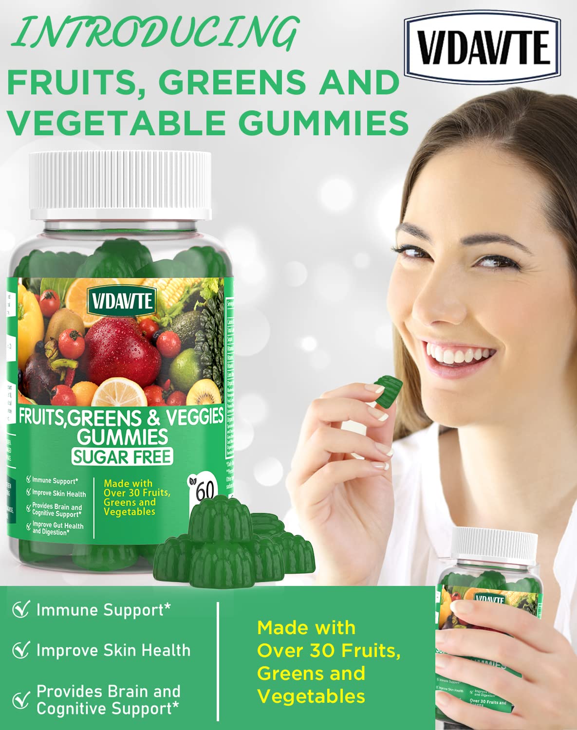 VIDAVITE Sugar-free Super Greens Gummies — US-Made, 35+ Fruit and Veggie gummies to Boost Immunity, Skin & Gut Health — Ideal Fruits and Vegetables Supplement VIDAVITE buy supplements canada