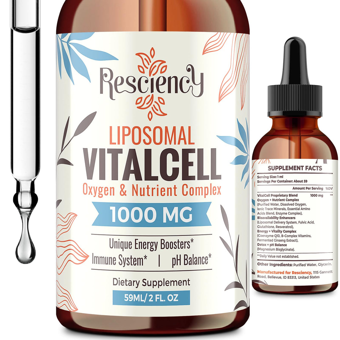 13-in-1 Liquid Oxygen Boost & Nutrient Supplement, Liposomal Optimized-Delivery Blend with Trace Minerals, Amino Acids, CoQ10, B Vitamins & Fulvic Acid, Daily Wellness Liquid Oxygen Drops, 2 fl oz Resciency buy supplements canada