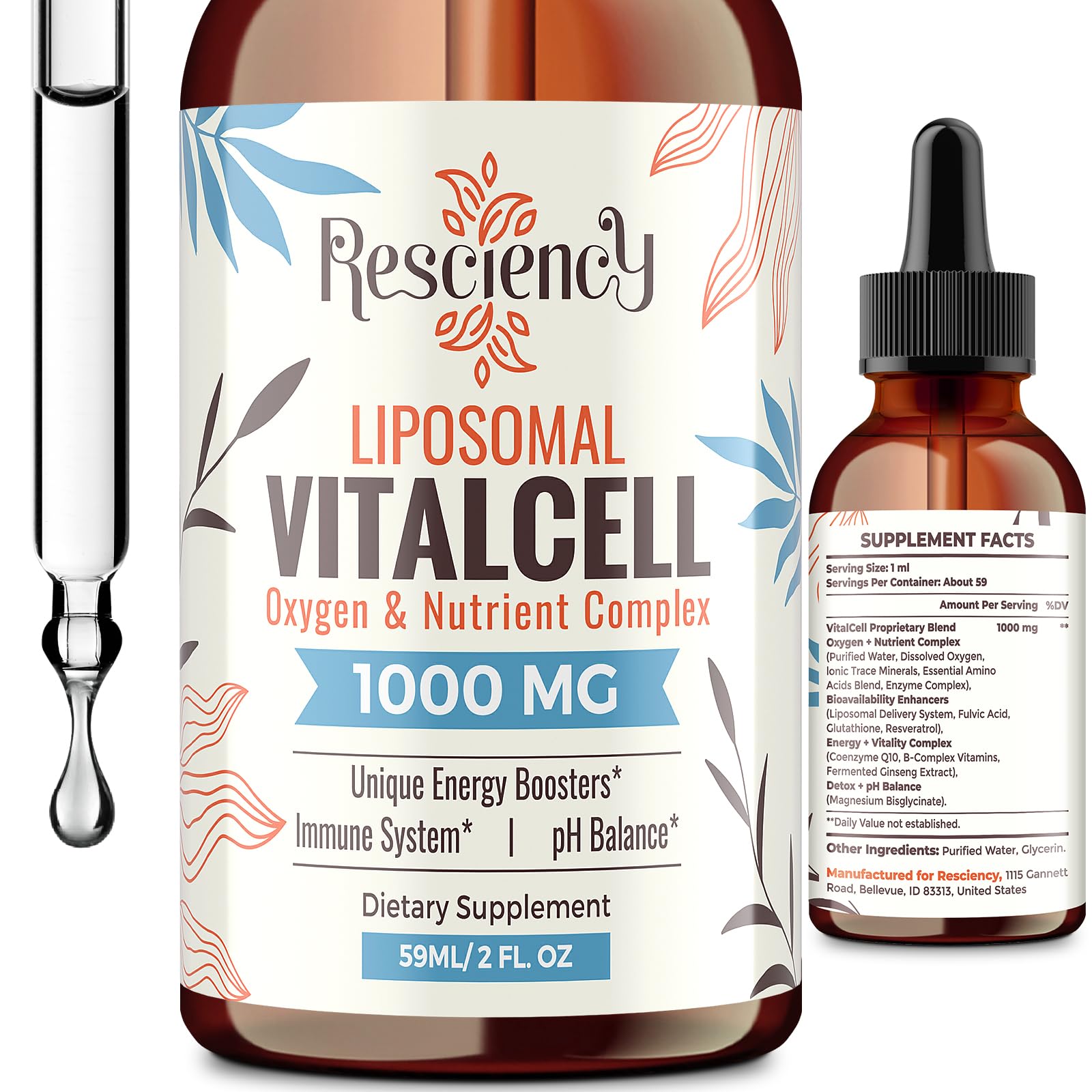 13-in-1 Liquid Oxygen Boost & Nutrient Supplement, Liposomal Optimized-Delivery Blend with Trace Minerals, Amino Acids, CoQ10, B Vitamins & Fulvic Acid, Daily Wellness Liquid Oxygen Drops, 2 fl oz Resciency buy supplements canada