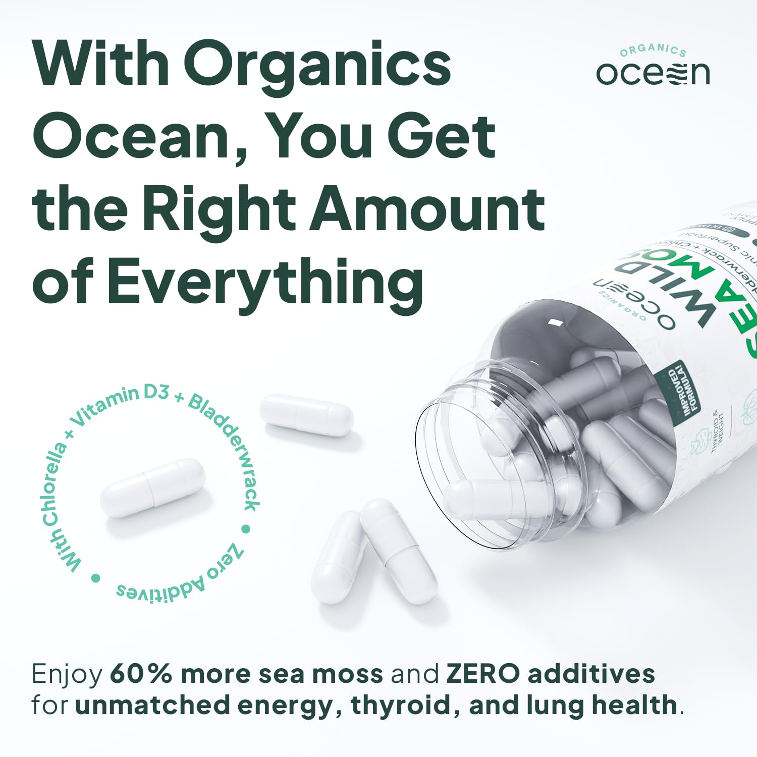 Organics Ocean Wild Sea Moss Capsules - 100% Organic Irish Sea Moss with Organic Chlorella, Bladderwrack and Vitamin D for Energy, Lung Health and Thyroid Support for Women and Men - 60 Capsules Organics Ocean buy supplements canada