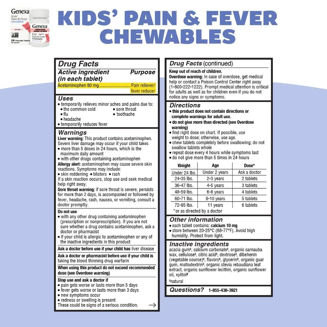 Genexa Kids' Clean Pain & Fever Acetaminophen Bundle | Relieves Fever & Minor Aches and Pain | Dye Free, 0% Artificial Additives | Chewable Tablets & Liquid Oral Suspension for Children Aged 2-11 Genexa buy supplements canada