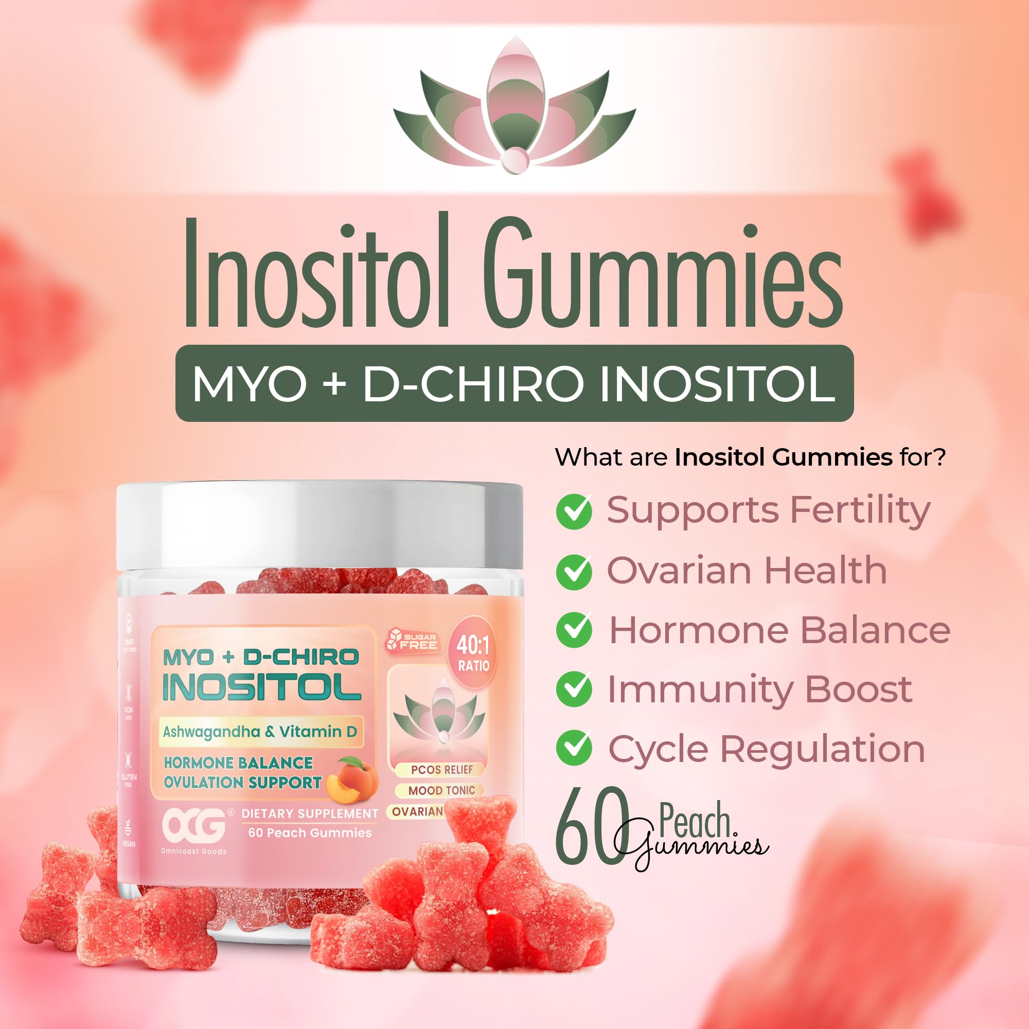 OMNICOAST GOODS, OCG Myo-Inositol & D-Chiro Inositol Gummies with Ashwagandha | PCOS Support | Ovulation & Mood Support, 40:1 Ratio Inositol for Hormone Balance, Sugar-Free, Non-GMO (60 Gummies) OMNICOAST GOODS, OCG buy supplements canada