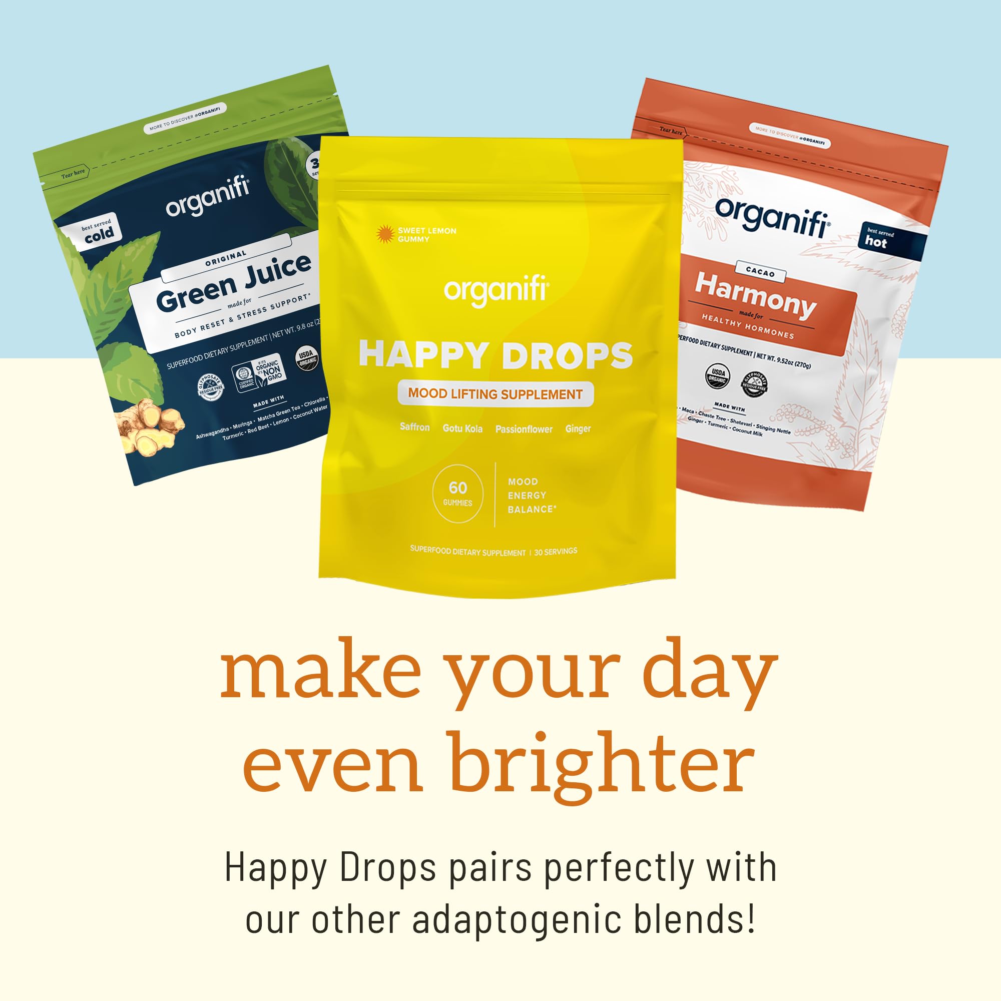Organifi Happy Drops - Daily Superfood Happy Gummies for Adults - Mood Support Supplement for Balance, Bliss, Energy and Taking the Edge Off - Sweet Lemon Flavor - 60 Gummies Organifi buy supplements canada