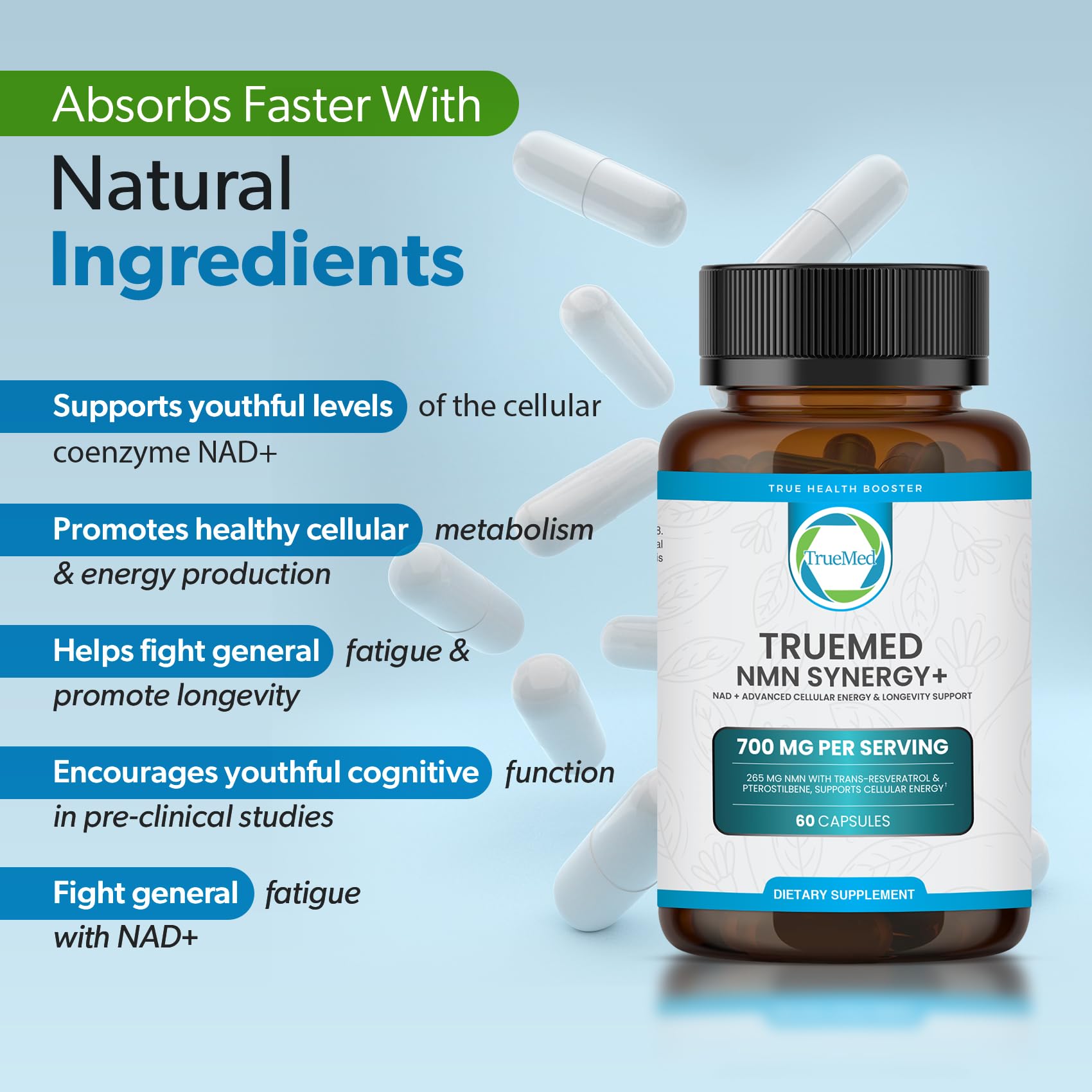 TRUEMED NMN Synergy+ 700mg – Premium NMN Supplement with Resveratrol & Pterostilbene | Advanced NAD+ Supplement for Cellular Energy, & Wellness Support | Non-GMO, Vegan, 60 Capsules TRUEMED buy supplements canada