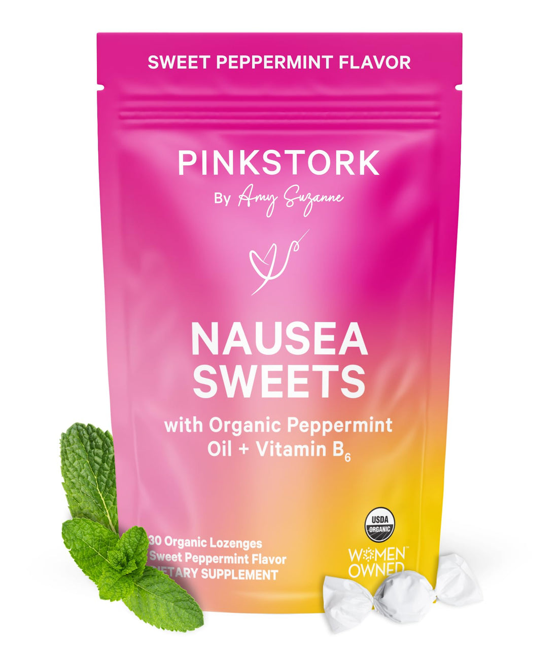 Pink Stork Organic Peppermint Sweets for Morning Sickness and Motion Sickness Support, Added Vitamin B6, 1st Trimester Pregnancy Must Haves - 30 Wrapped Peppermint Candies Pink Stork buy supplements canada