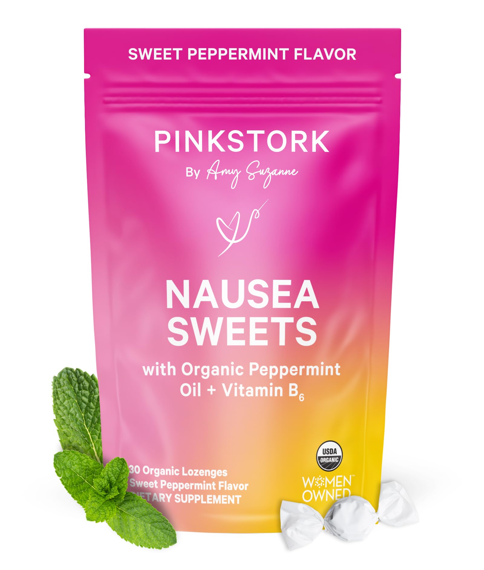 Pink Stork Organic Peppermint Sweets for Morning Sickness and Motion Sickness Support, Added Vitamin B6, 1st Trimester Pregnancy Must Haves - 30 Wrapped Peppermint Candies Pink Stork buy supplements canada