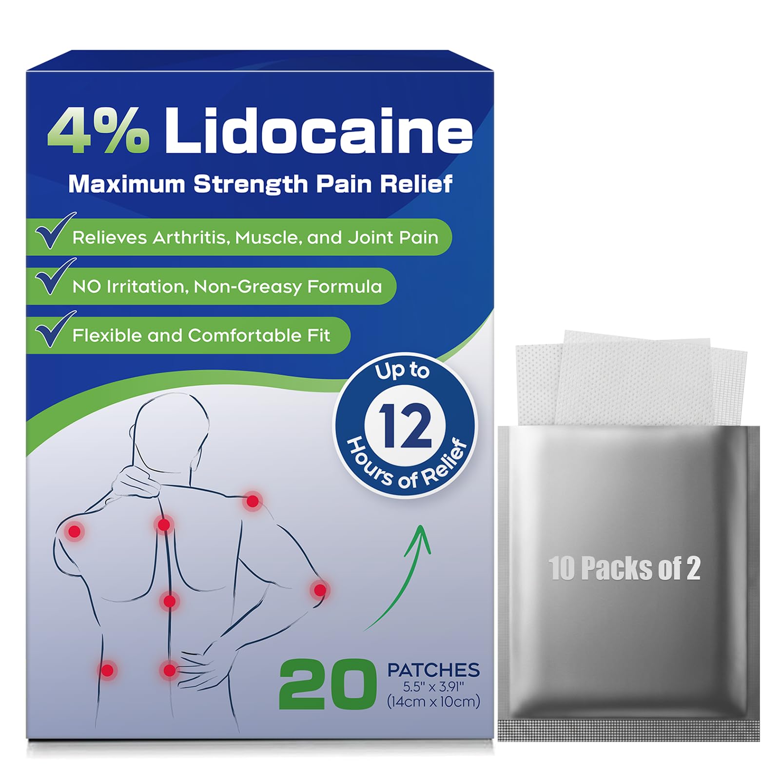 Uposiut 4% Lidocaine Patches - 20 Count Maximum Strength Lidocaine Patches, 10 Packs of 2 Patches for Muscle Pain Relief in The Neck, Shoulders, Back, Knees, and Anks, 12 Hour Pain Relief-012345 Uposiut buy supplements canada