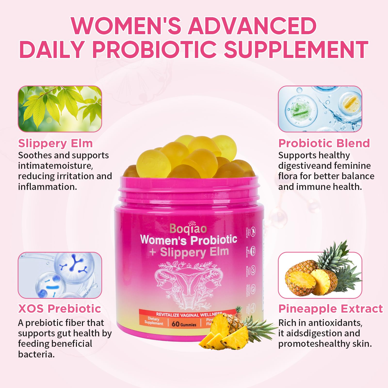 Feminine Probiotics Gummies with Slippery Elm - 60 Pineapple Gummies for Women ph Balance, Vaginal Probiotics Supports Flora, Gut Health & Immune System, Prebiotics & Lactobacillus Blend (Pineapple) Boqiao buy supplements canada