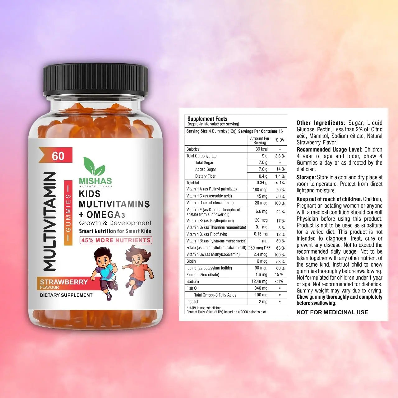 Mishas Nutraceuticals Kids Multivitamin Gummies with Omega 3 Fish Oil (EPA/DHA), Vitamin D3, C, B12, B6, Vitamin A, K & Zinc Immune Support Mishas buy supplements canada