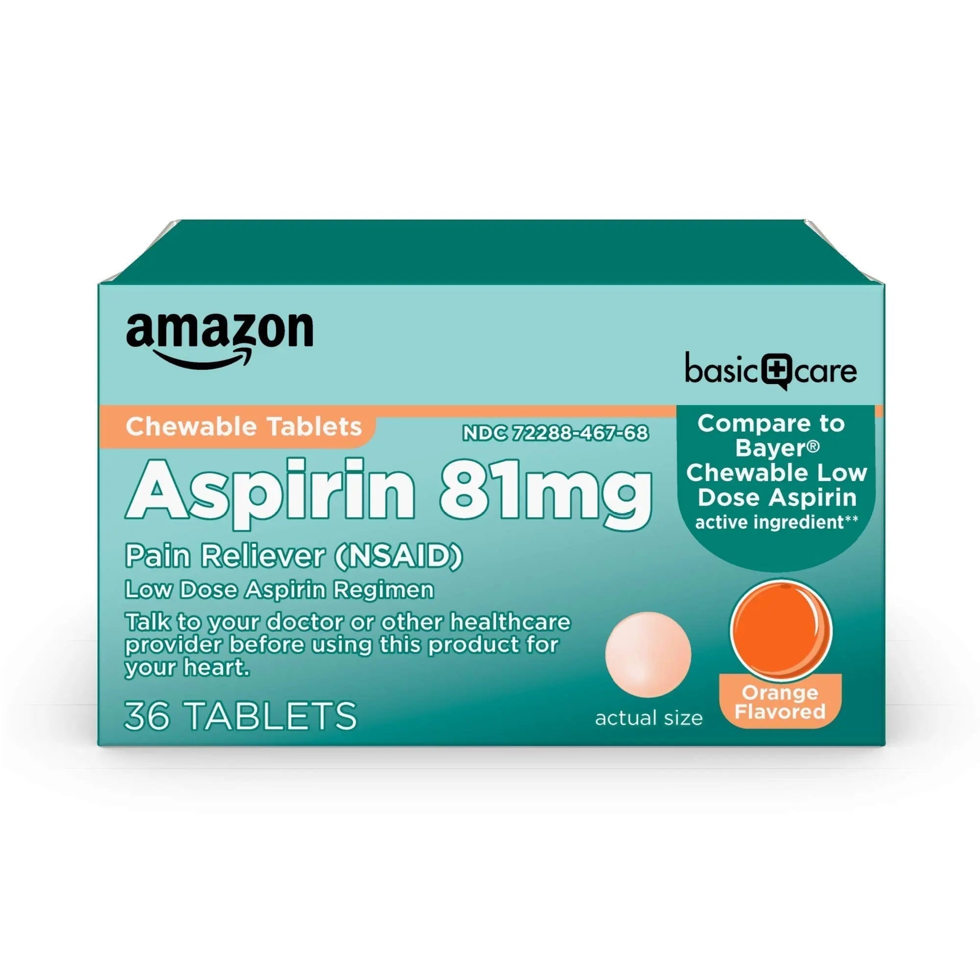 Amazon Basic Care Low Dose Aspirin 81 mg Chewable Tablets, Pain Reliever for Minor Aches, Orange Flavor, 36 Count Amazon Basic Care buy supplements canada