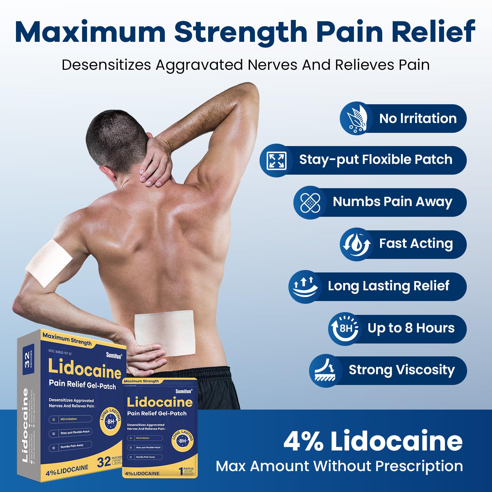 Sumifun 4% Lidocaine Patches Maximum Strength- Pain Relieving Gel Patch for Back, Shoulder, Muscle, Knee Pain Relief,Neck & Joint Pains-Numbs Away Pain, Apply for Up to 8 Hours (Large, Count, 32) Sumifun buy supplements canada