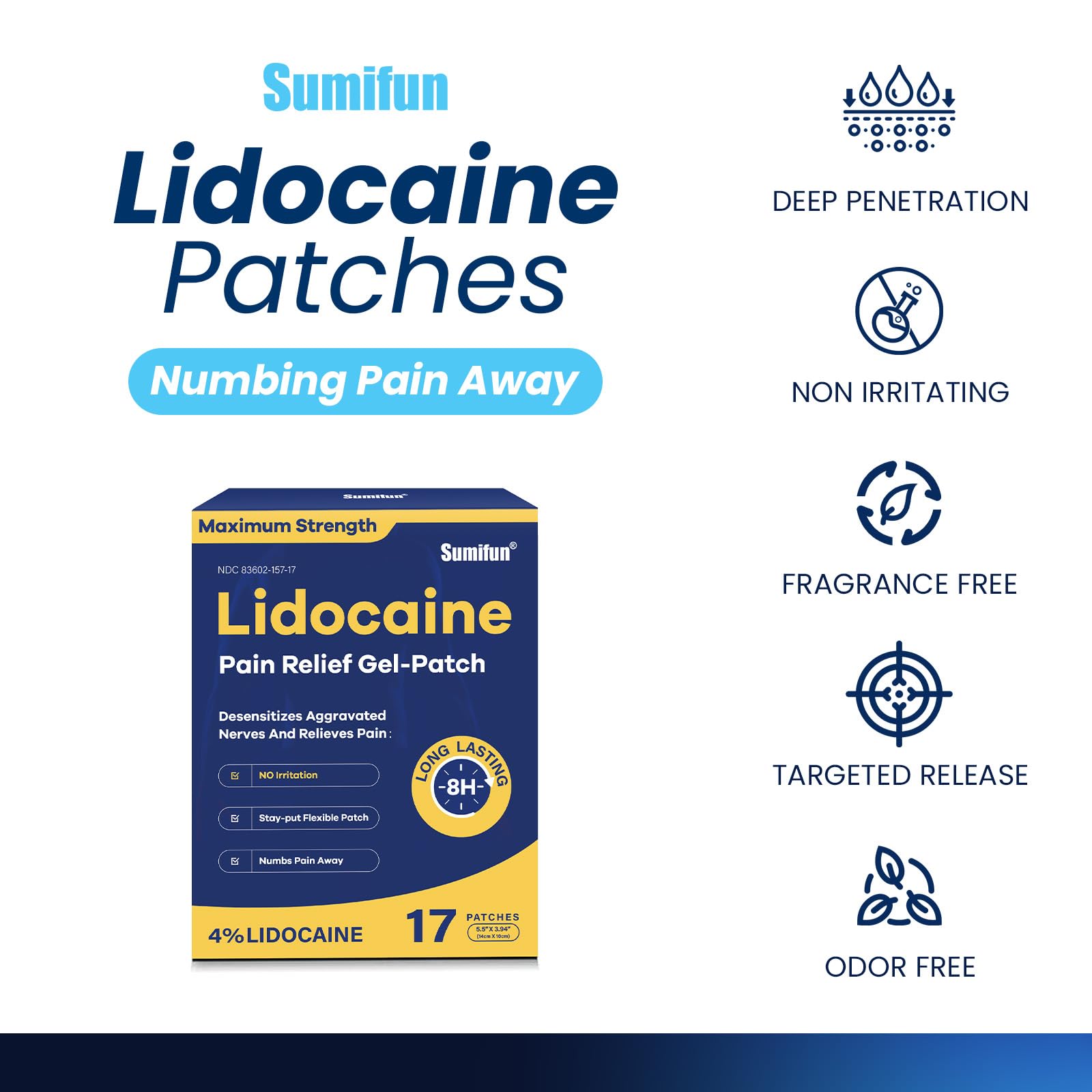Sumifun 4% Lidocaine Patches Maximum Strength - Pain Relieving Gel Patch for Muscle Soreness, Back Ache, Knee, Neck & Joint Pains - Topical Analgesic (Large, Count, 17) Sumifun buy supplements canada