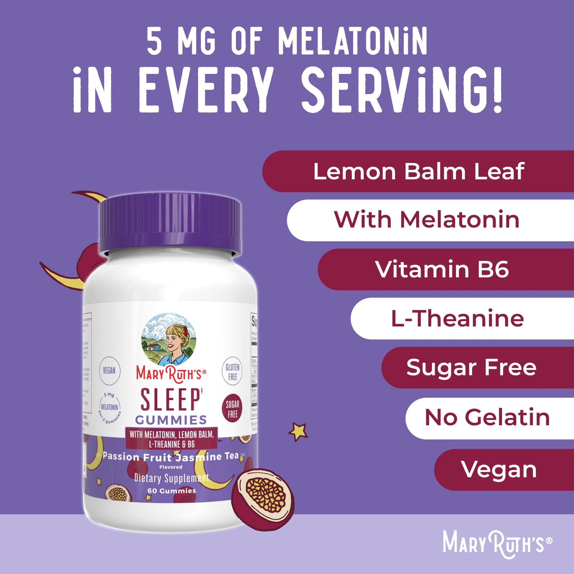 MaryRuth Organics Melatonin 5mg Sleep Gummy with L-Theanine | Lemon Balm | Vitamin B6 | Sugar-Free | Relaxation | Vegan | Non-GMO | Gluten Free | 60 Count MARYRUTH'S buy supplements canada