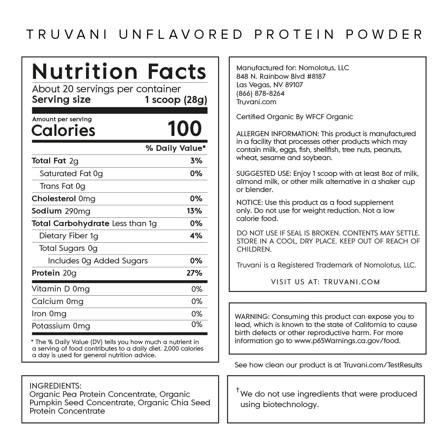 Truvani Organic Vegan Protein Powder Unflavored - 20g of Plant Based Protein, Organic Truvani buy supplements canada