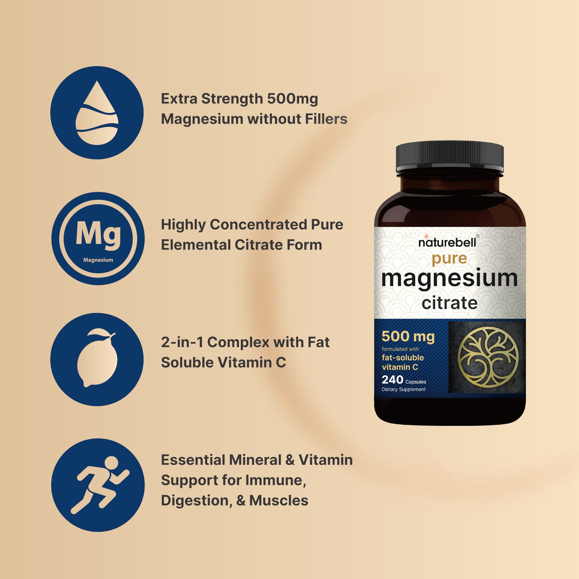 NatureBell Pure Magnesium Citrate 500mg per 3 Capsules Serving Size, 240 Capsules per Bottle NatureBell buy supplements canada