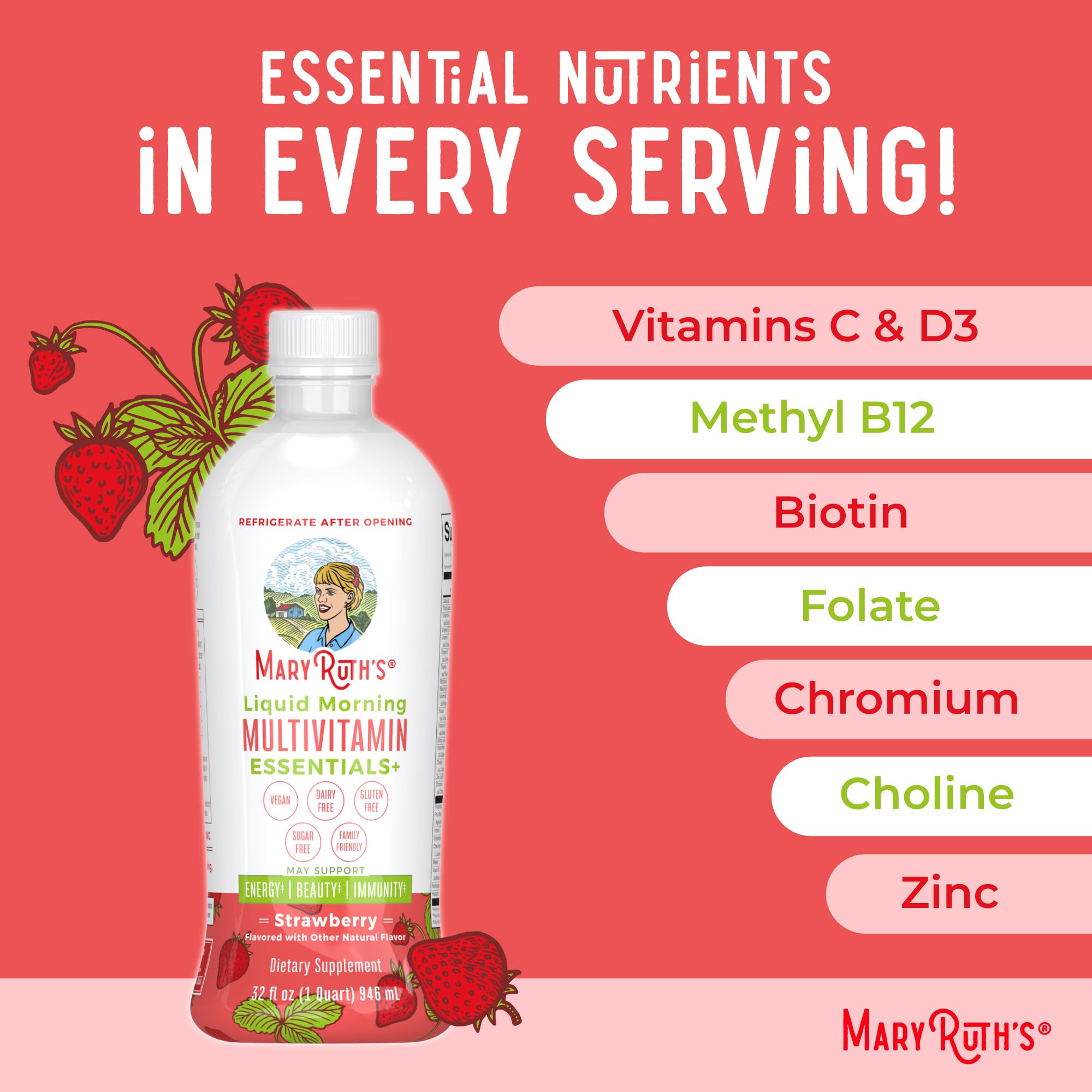 MaryRuth's Liquid Morning Multivitamin Essentials+ | Vitamin A C D E B6 B12 K2 Biotin Zinc | Mens Womens Multivitamin | Immune Support | Beauty | Sugar Free | Vitamins for Ages 1+ | Vegan | 32 Fl Oz MARYRUTH'S buy supplements canada