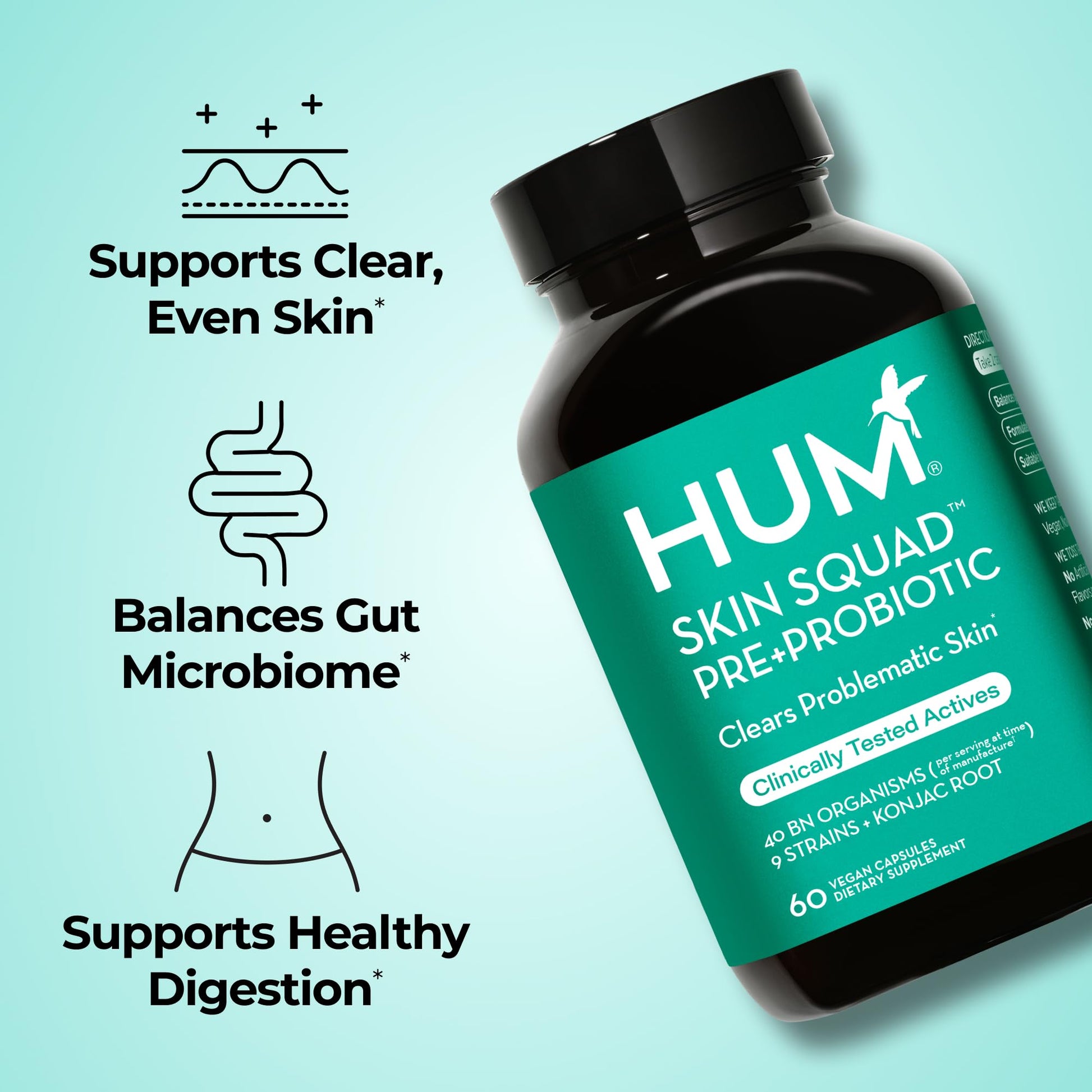 HUM Skin Squad Probiotics for Women and Men, Skin Care Supplement for Clear Complexion & Gut Health Support, Microbiome Prebiotic & Probiotic Supplement for Breakouts, Digestive Health, 60 Capsules HUM buy supplements canada