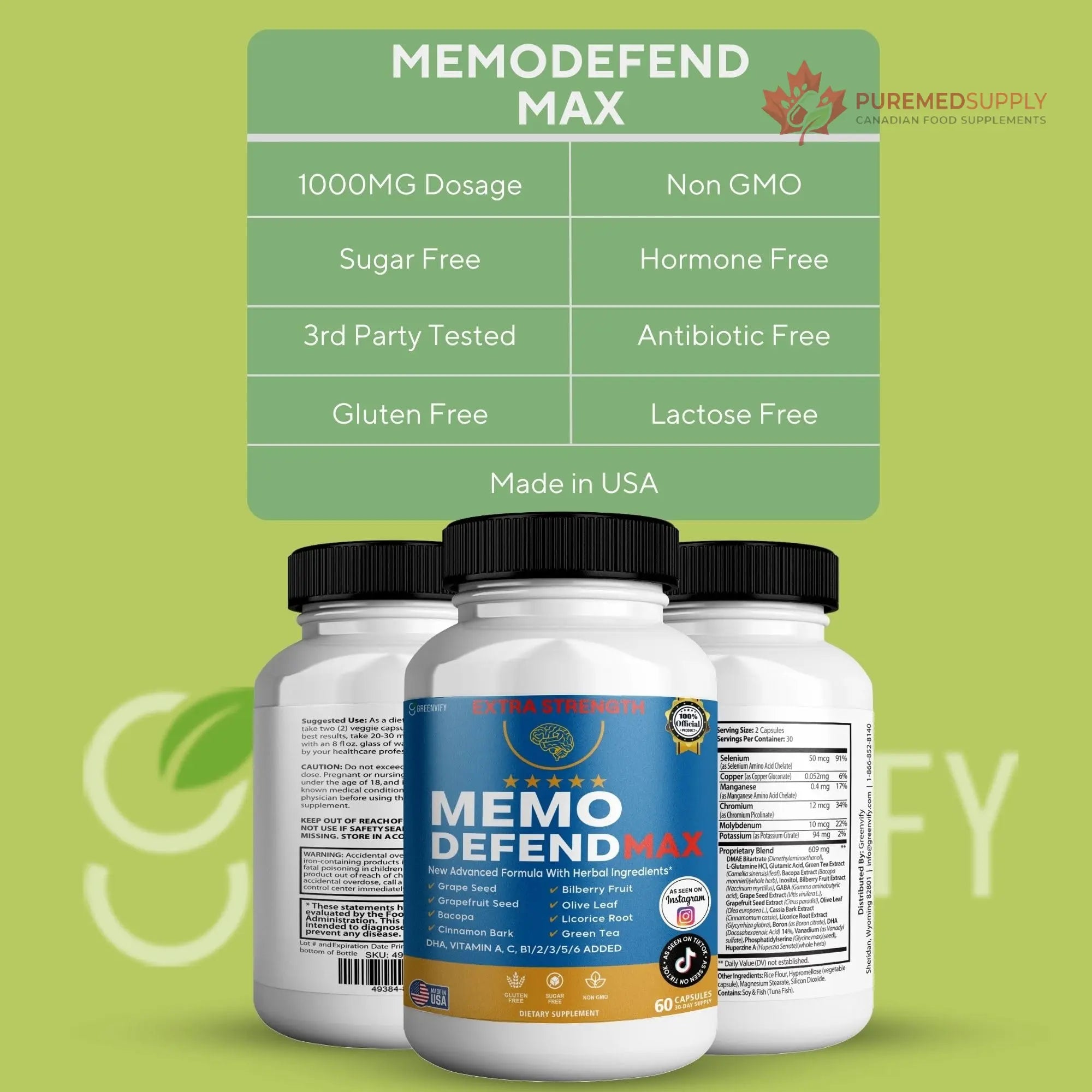 Memo Defend Max Memory Support Supplement, 60 Capsules, with Vitamins A C D E B Complex, DHA, Bacopa, Grapefruit Seed (1) GREENVIFY buy supplements canada