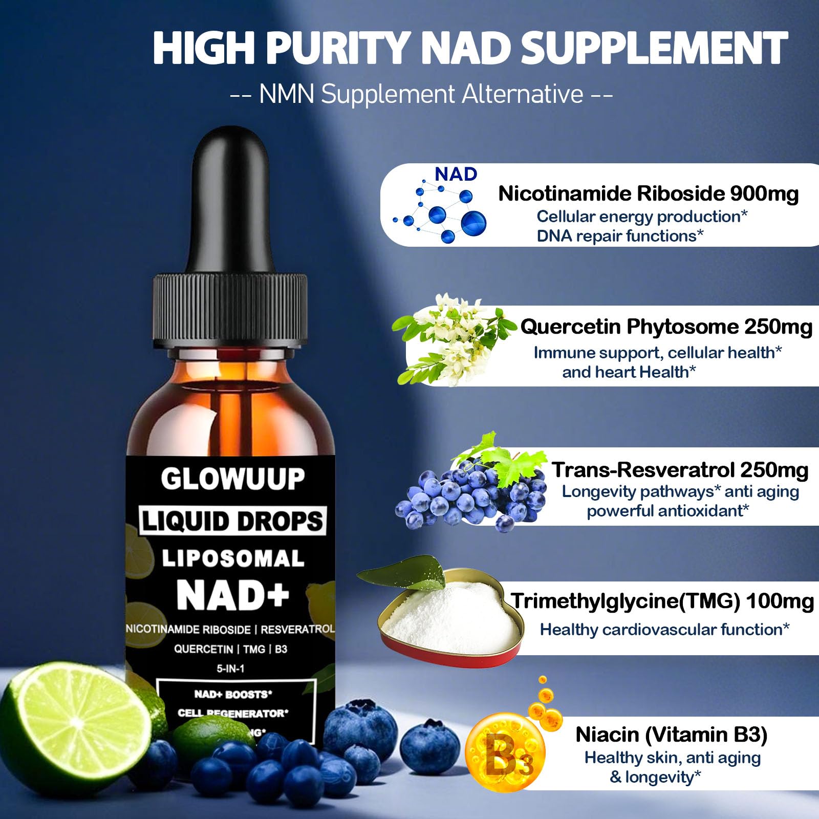 NAD Supplements for Women & Men, Liposomal NAD Nicotinamide Riboside Resveratrol 900mg w. B3 Vitamin Quercetin TMG, Liquid Resveratrol NAD Plus Supplement for Anti-Aging Energy Focus Longevity GLOWUUP buy supplements canada
