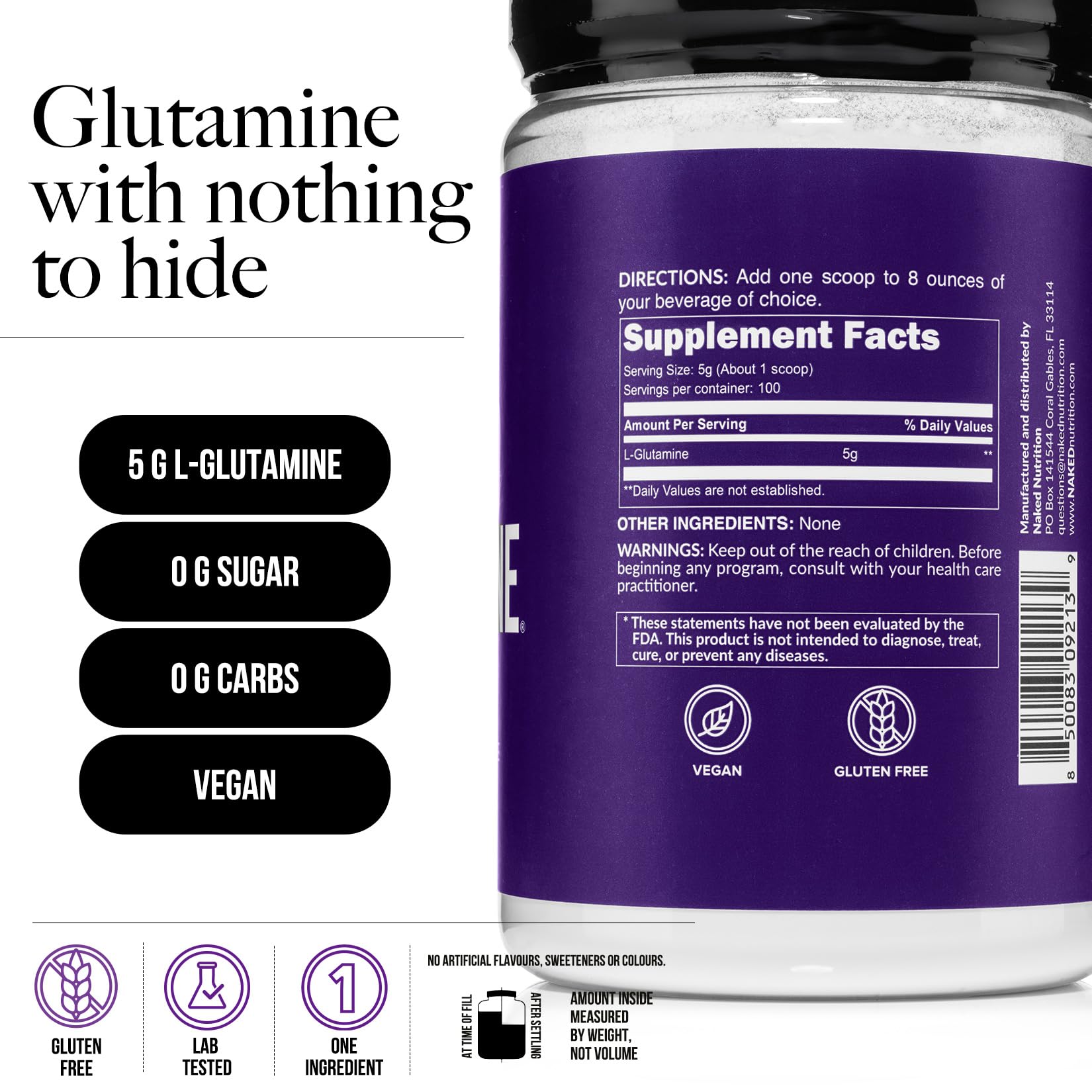 Pure L-Glutamine Made in The USA - 100 Servings - 500g, 1.1lb Bulk, Vegan, Non-GMO, Gluten and Soy Free. Minimize Muscle Breakdown & Improve Protein Synthesis. No Additives NAKED buy supplements canada