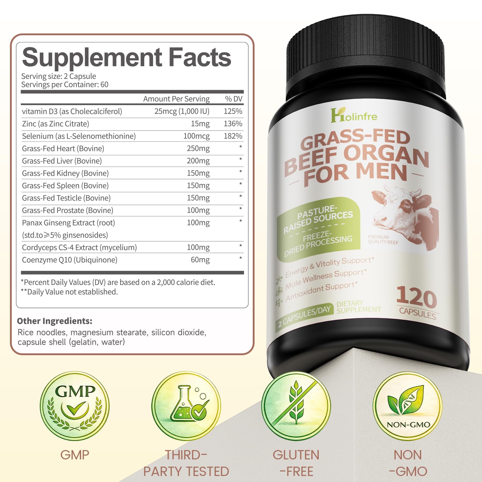 Grass Fed Beef Organ Supplement for Men - Beef Liver Capsules,Pasture Raised Beef Organs with Heart, Liver, Kidney, Spleen, Testicle & Prostate, Zinc, Selenium, Vitamin D3, Ginseng, Cordyceps HOLINFRE buy supplements canada