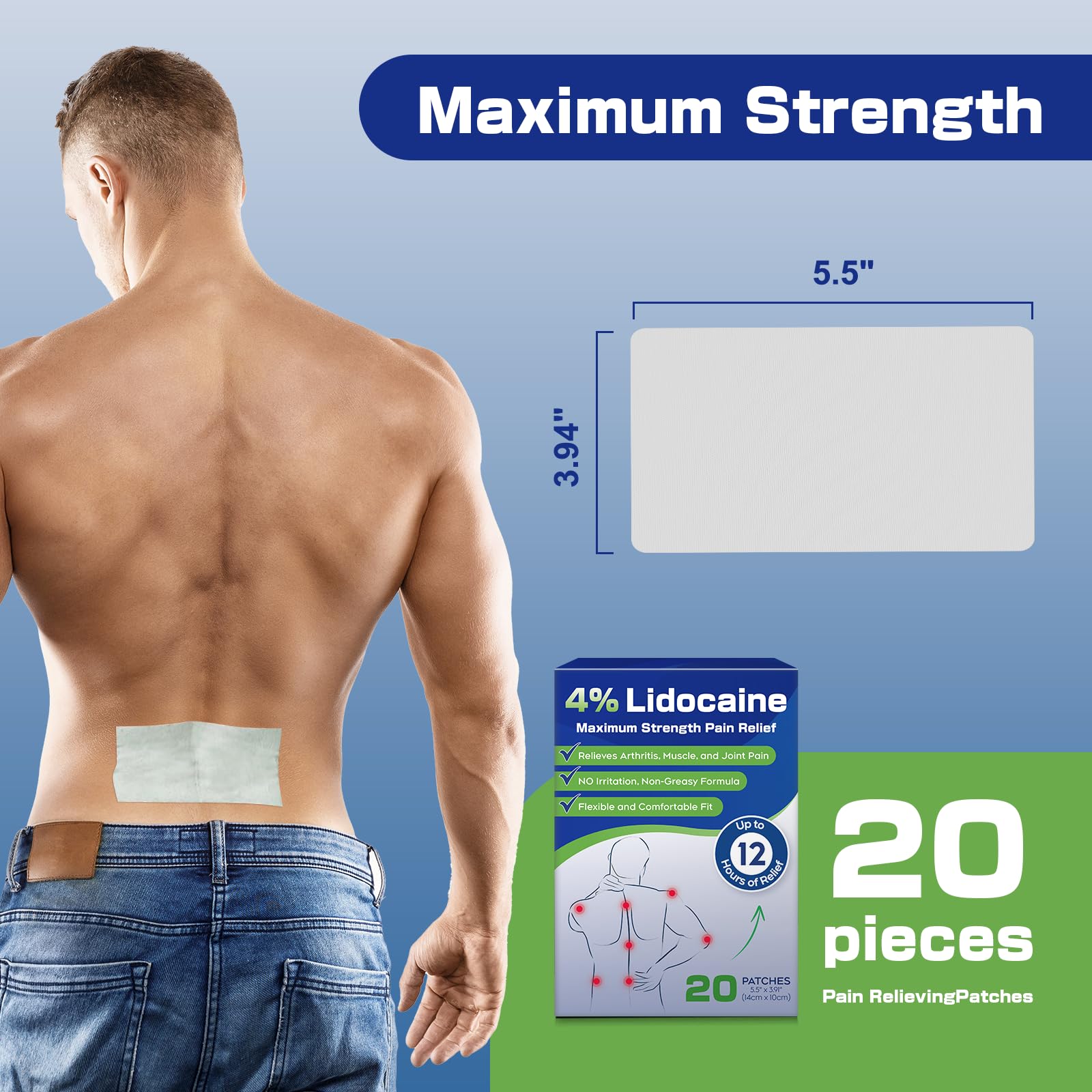 Uposiut 4% Lidocaine Patches - 20 Count Maximum Strength Lidocaine Patches, 10 Packs of 2 Patches for Muscle Pain Relief in The Neck, Shoulders, Back, Knees, and Anks, 12 Hour Pain Relief-012345 Uposiut buy supplements canada