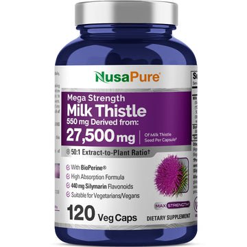 NusaPure Milk Thistle 50:1 Extract, 550 mg Equivalent to 27,500mg 120 Veggie Capsules Non-GMO, Vegan Max Strength - Standardized 80% Silymarin, Bioperine NusaPure buy supplements canada