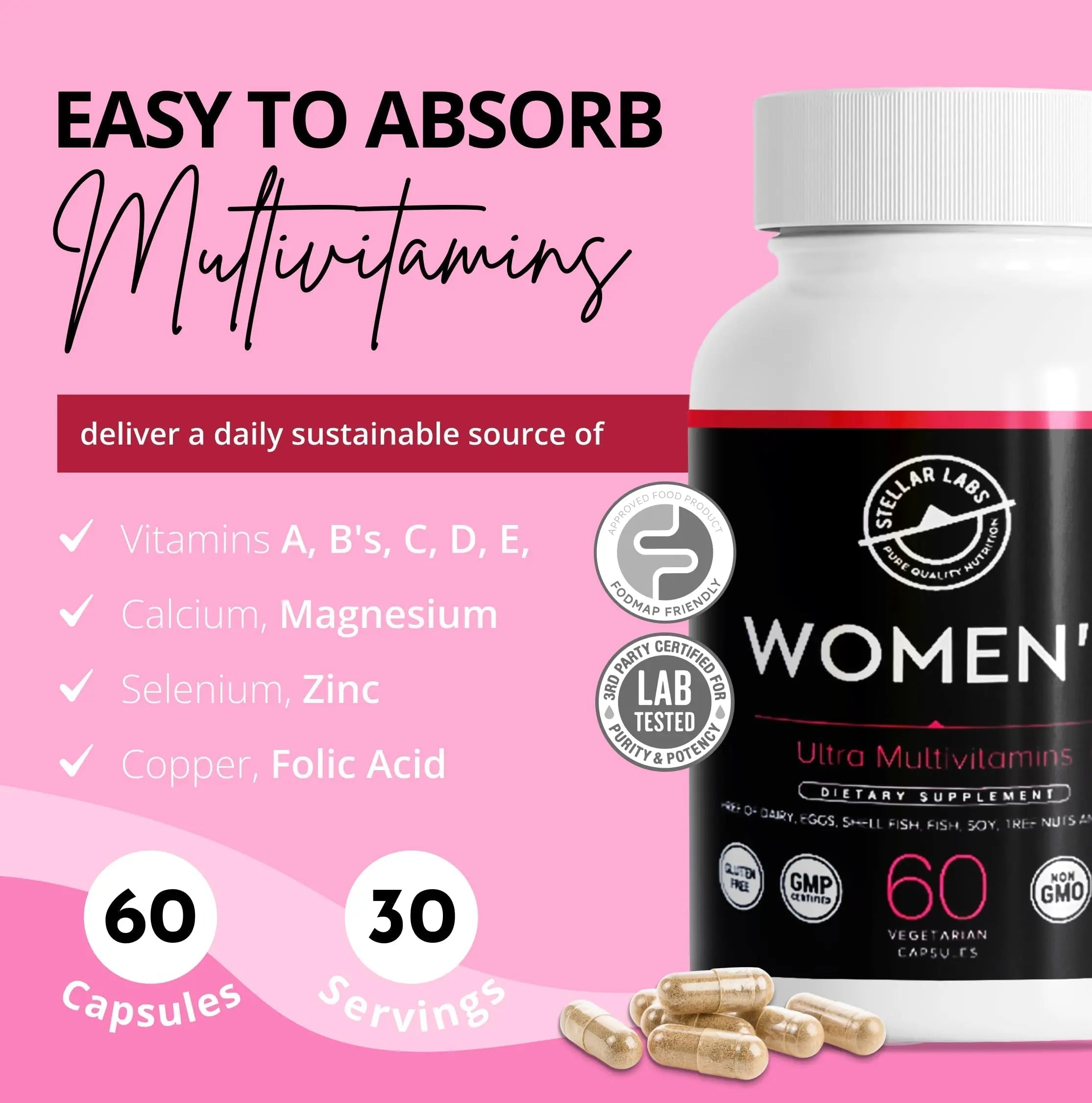 Stellar Labs Low FODMAP Vegan Women's Ultra Multi-Vitamin | Easy to Digest Daily Multivitamin Without Iron | Low Energy Supplement, Female Support | Stellar Labs buy supplements canada