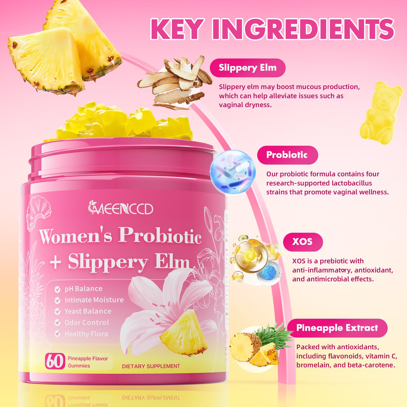 MEENCCD Her Juicy Feminine Probiotics Gummies with Slippery Elm & Lactobacillus Blend, Supports pH Balance & Immune Function, Promotes Vaginal Wellness, Pineapple Flavor, 60 Count MEENCCD buy supplements canada