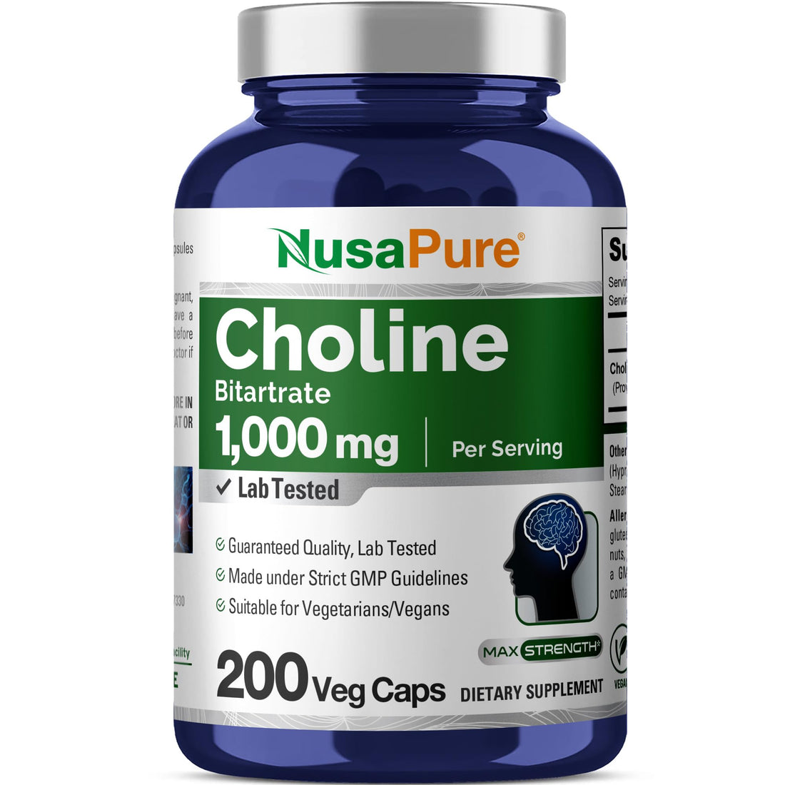 NusaPure Choline Bitartrate - Suitable for Vegetarian/Vegan, Non - GMO - 1000 mg 200 Capsules NusaPure buy supplements canada