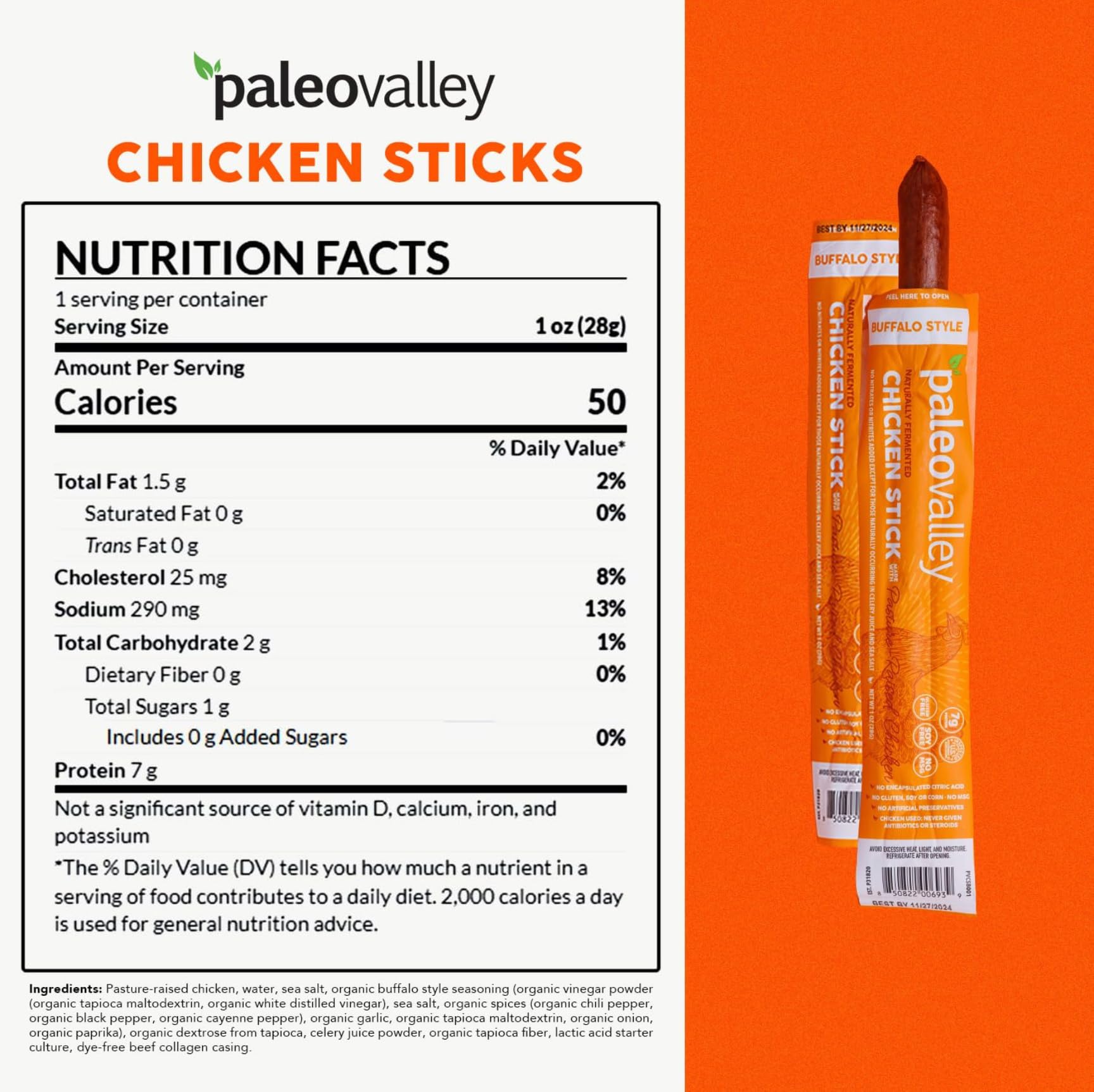 Paleovalley Pasture-Raised Chicken Sticks – 10 Pack – 7g Protein per Stick – Keto-Friendly, Paleo, Gluten-Free, Nitrate-Free – On-the-Go Snack (10 Pack, Buffalo) Paleovalley buy supplements canada
