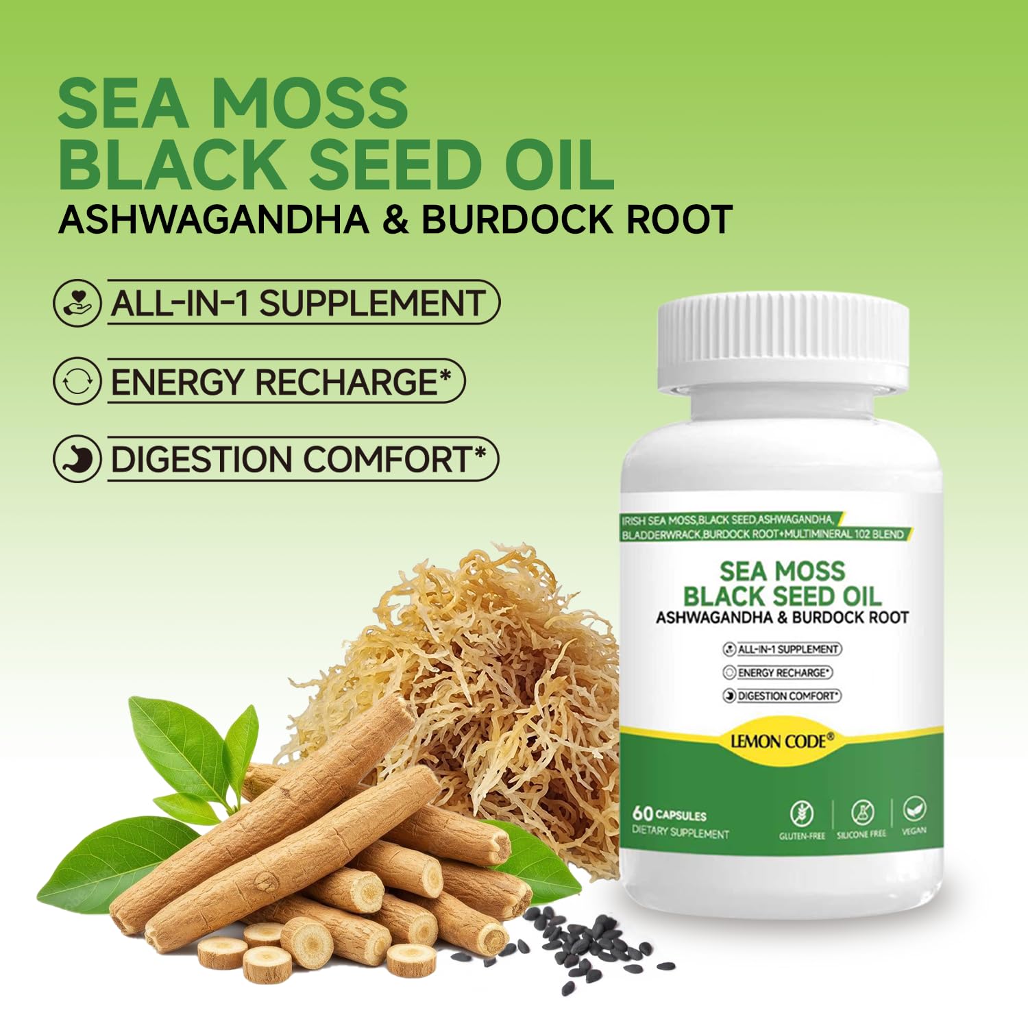 LEMON CODE Sea Moss & Black Seed Oil Capsules with Burdock & Bladderwrack & Ashwagandha, Vitamin C&D,Natural Herbal Complex for Daily Balance, Energy & Digestive Support, Vegan, Non-GMO, 60 Capsules LEMON CODE buy supplements canada