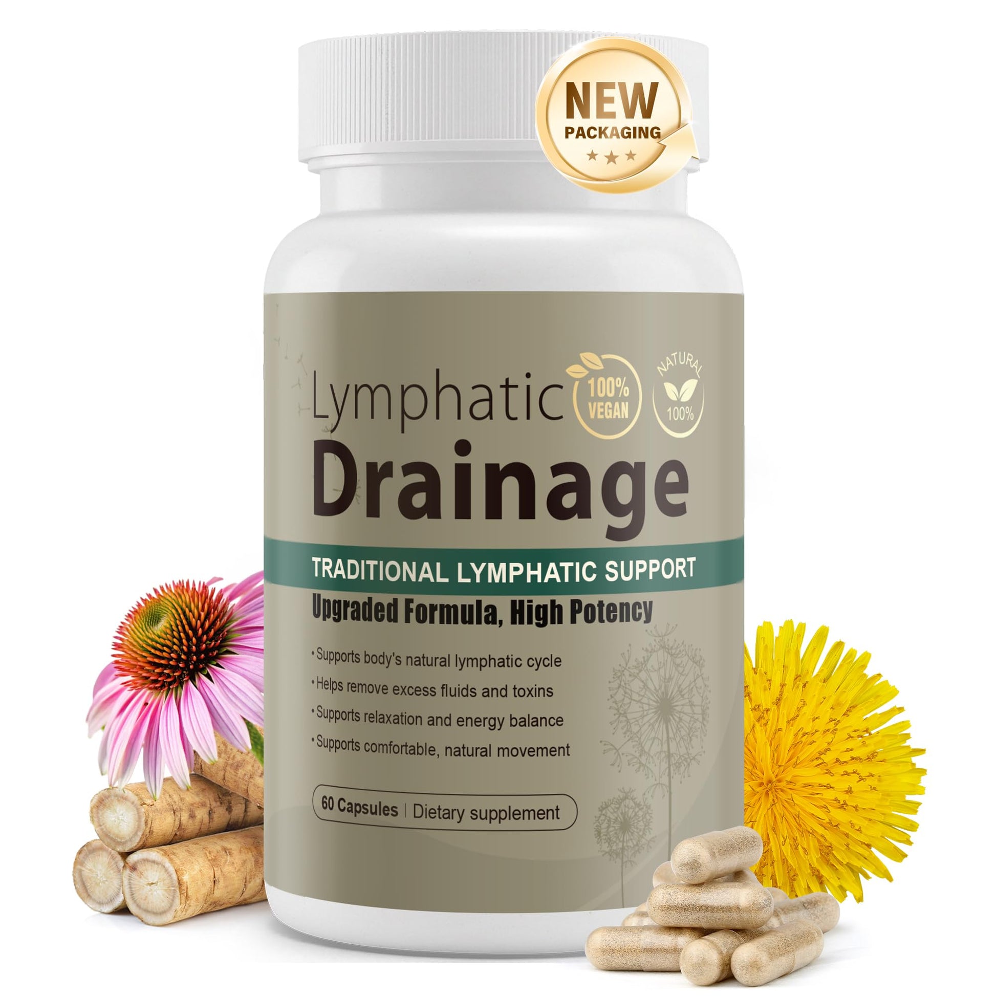 Lymphatic Drainage Capsules Natural Herbal Supplement for Immune Health & Fluid Balance, with Echinacea, Dandelion, and Burdock 60 Capsules Kaseano buy supplements canada
