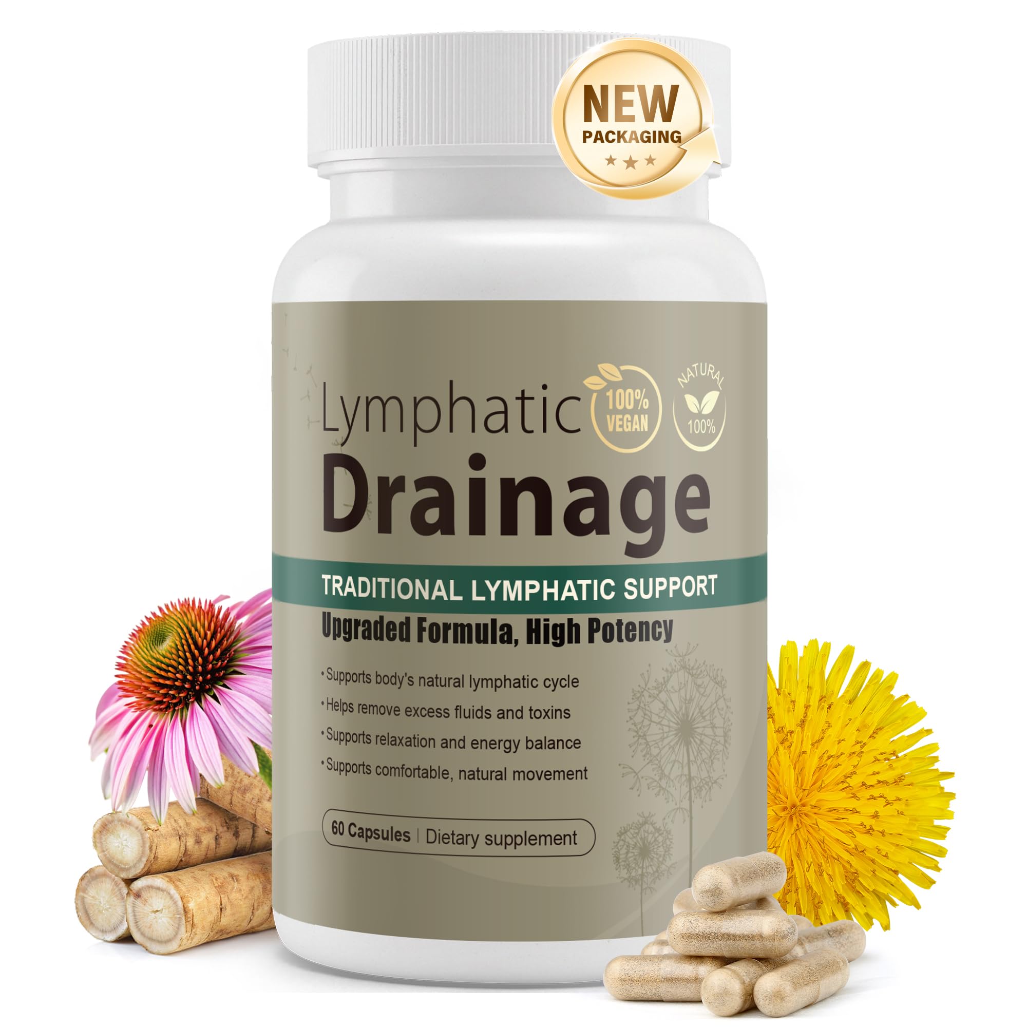 Lymphatic Drainage Capsules Natural Herbal Supplement for Immune Health & Fluid Balance, with Echinacea, Dandelion, and Burdock 60 Capsules Kaseano buy supplements canada