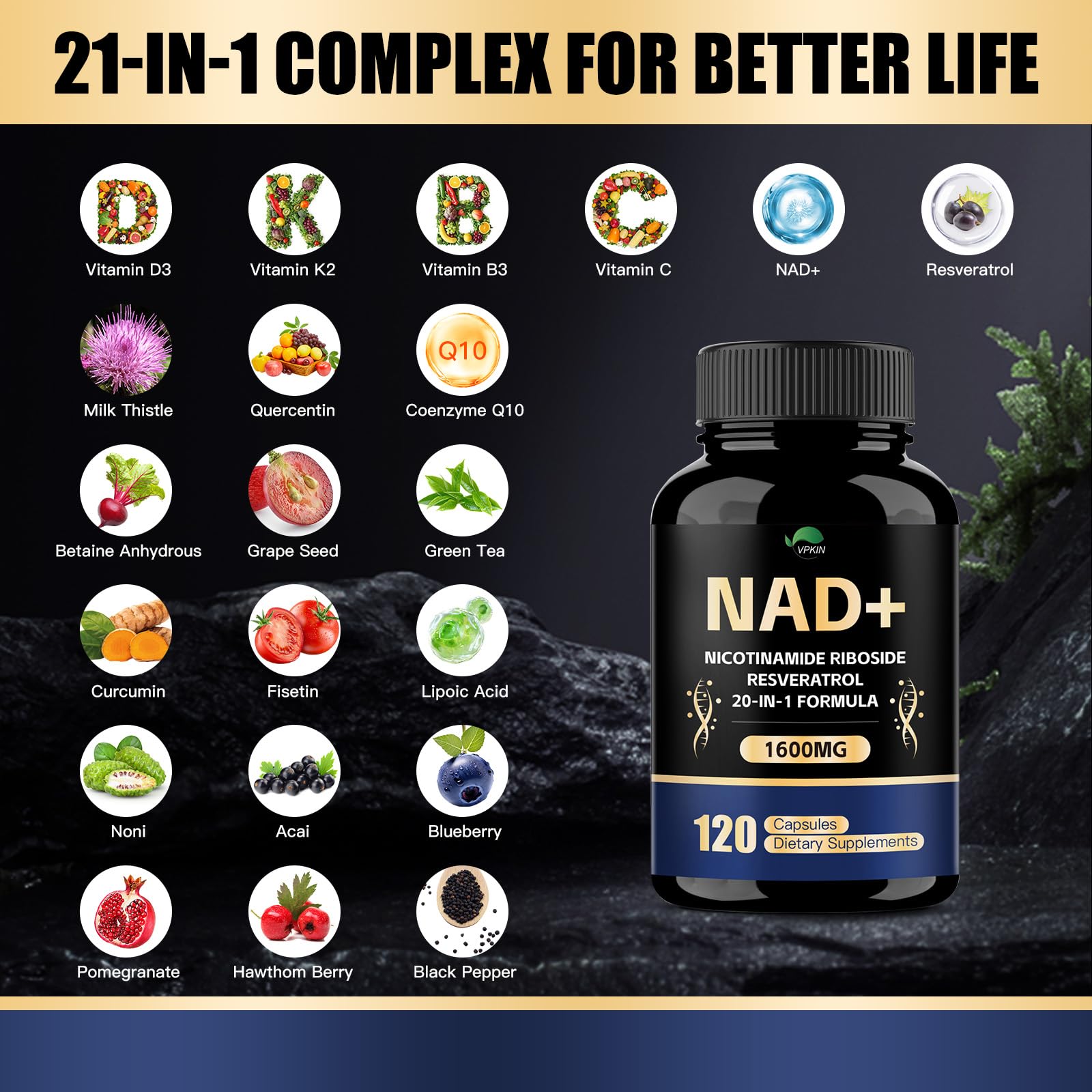 VPKIN NAD Supplement,1500mg NAD+ Supplement with Resveratrol,Nicotinamide,Quercetin,CoQ10,Support Energy & Repair, Vitality,Non-GMO, No Fillers(120 Capsules) VPKIN buy supplements canada