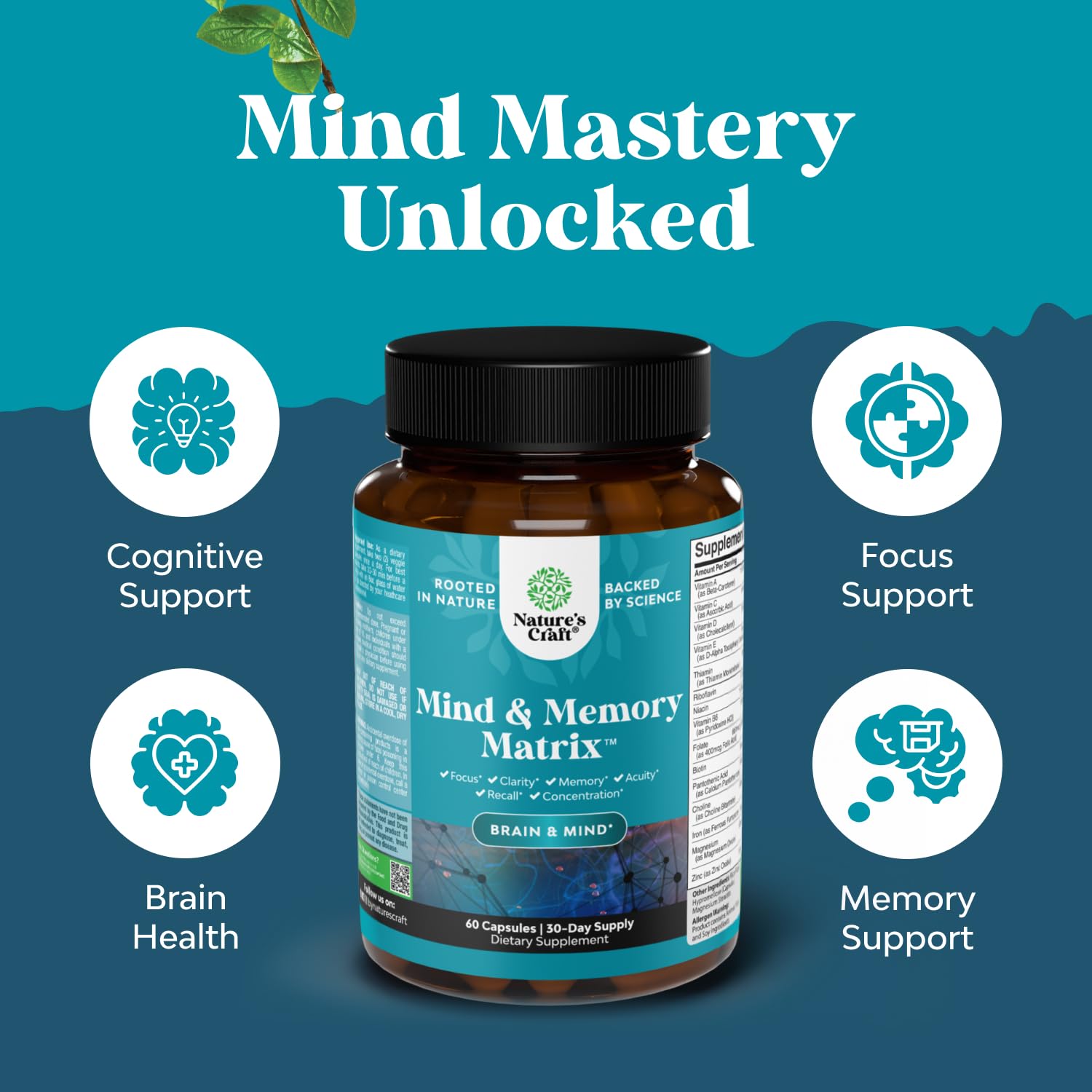 Nootropic Brain Supplement for Memory and Focus Enhancement - Vitamins for Mental Health & Clarity with VIT A, B6, Riboflavin, Niacin, Thiamin & Folate - Cognitive Complex for Mind Vitality - 60 Ct Natures Craft buy supplements canada