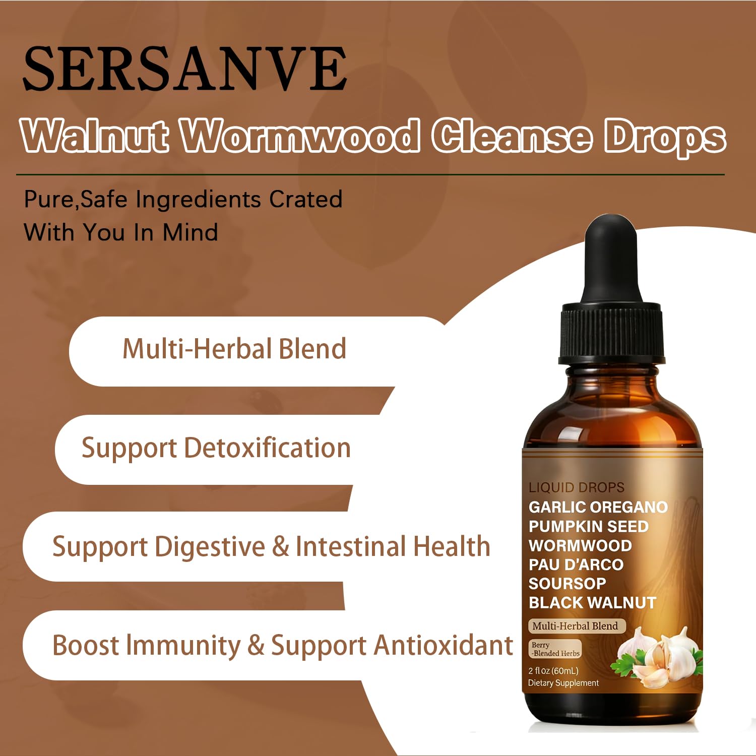 SERSANVE Natural Black Walnut Wormwood Gut Cleanse | Black Walnut Clove Drops with Pumpkin Seed, PAU D’Arco, Soursop, Garlic and Oregano | Vegan, Alcohol-Free Formula for Digestion Support, 2 fl oz SERSANVE buy supplements canada