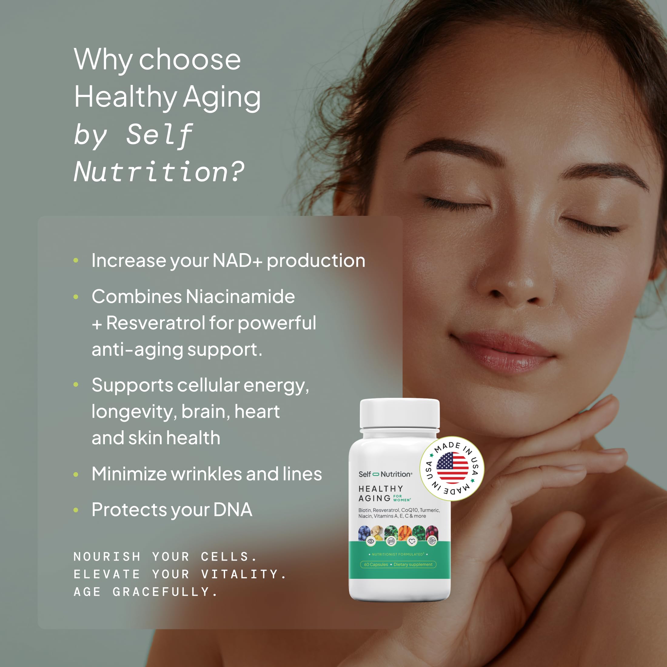 SELF NUTRITION NAD+ Resveratrol Supplement for Women – Healthy Aging Formula with CoQ10, Biotin, Turmeric & Vitamins A, C, E – Supports Energy, Skin & Longevity – 60 Capsules. Made in USA. SELF NUTRITION buy supplements canada