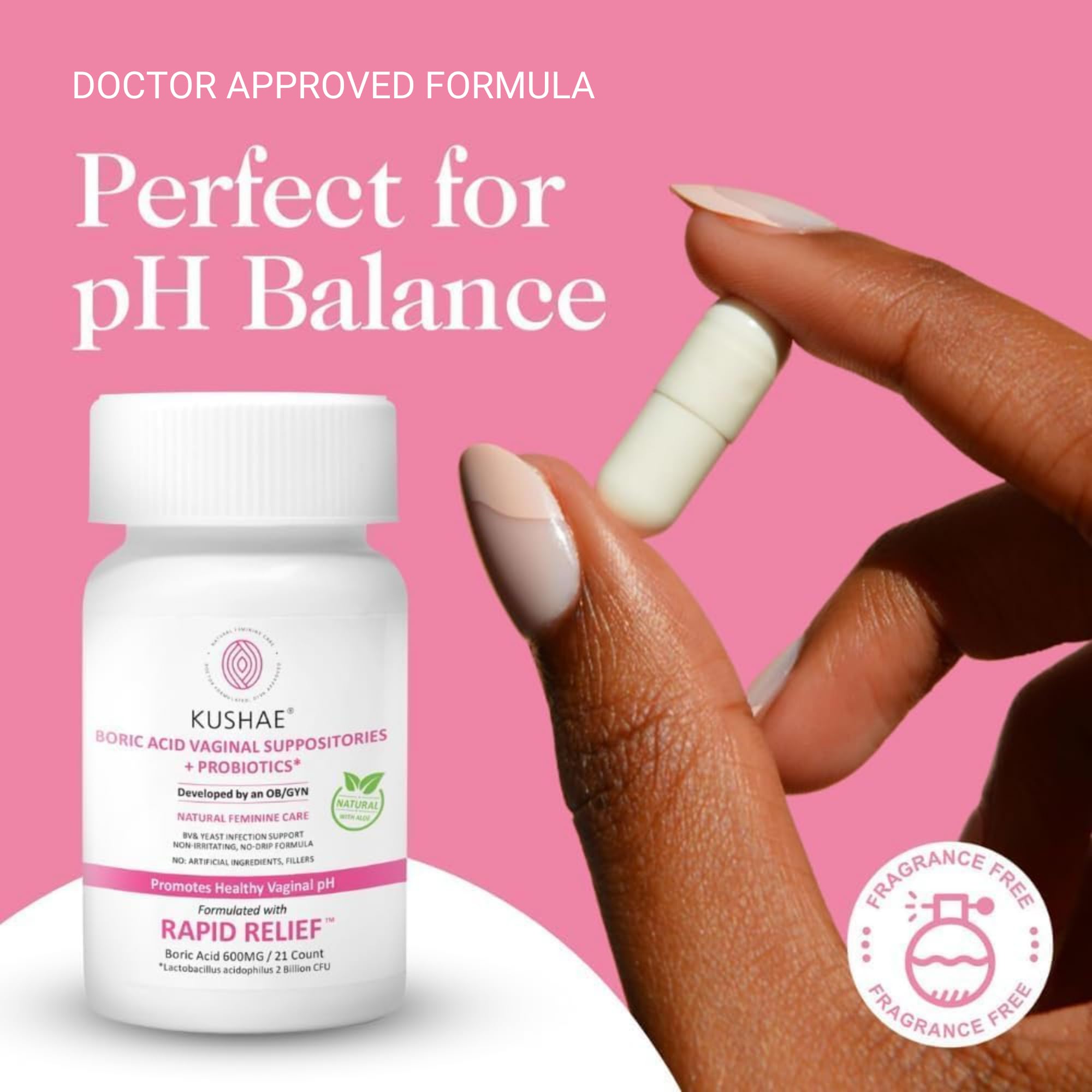 Kushae Boric Acid Suppositories + Rapid Relief, All Natural Female Suppositories with Probiotics & Aloe Vera, Relieves Discomfort & Balances pH Level Bottle Only 21 Capsules Kushae buy supplements canada