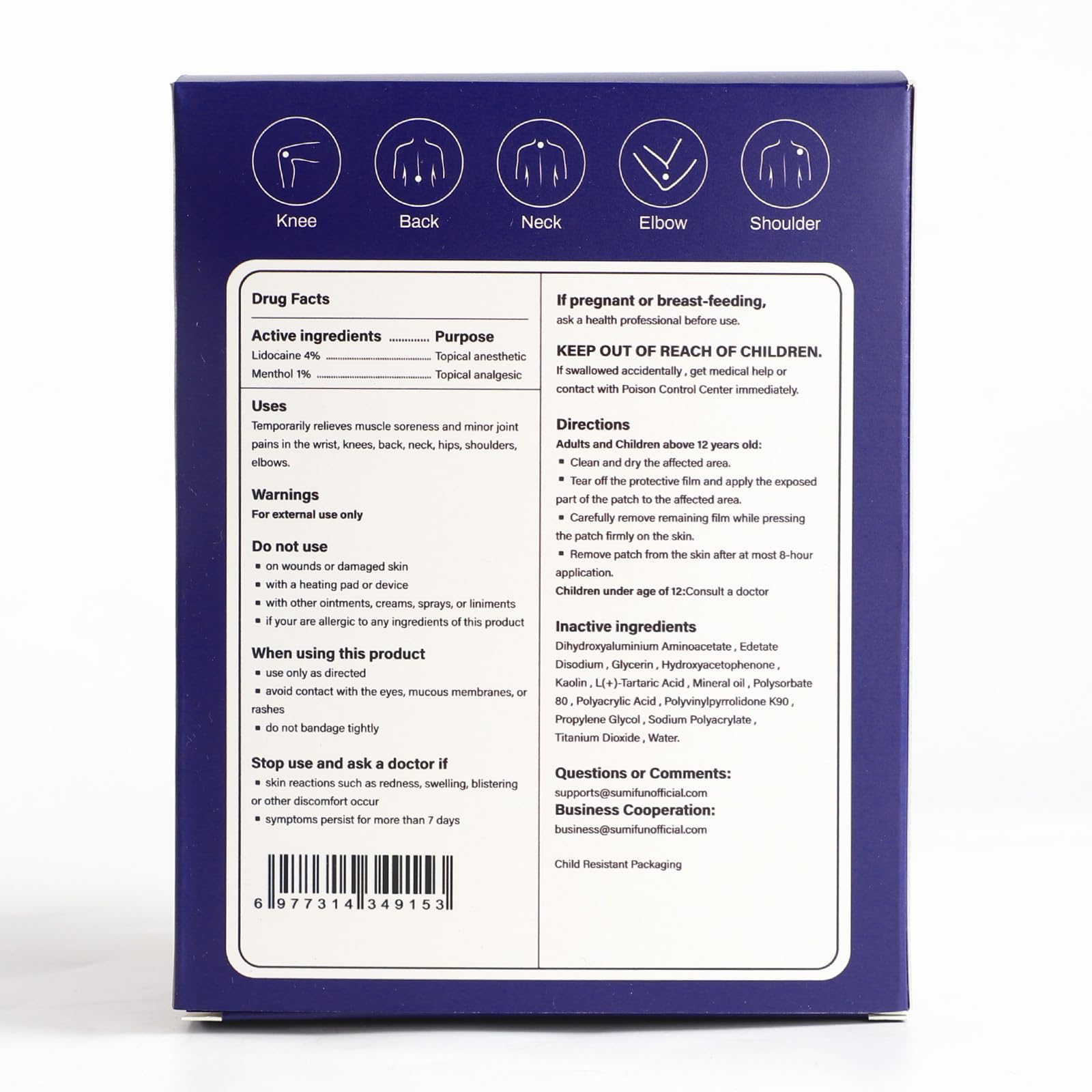 Sumifun Lidocaine Pain Relief Patches - Fast, Targeted Therapy Simple Backache, Soreness, Sprain, Joint Pain with Maximum Strength 4% Lidocaine and 1% Menthol (Large, Count, 31) NDC 83602-172-31 Sumifun buy supplements canada