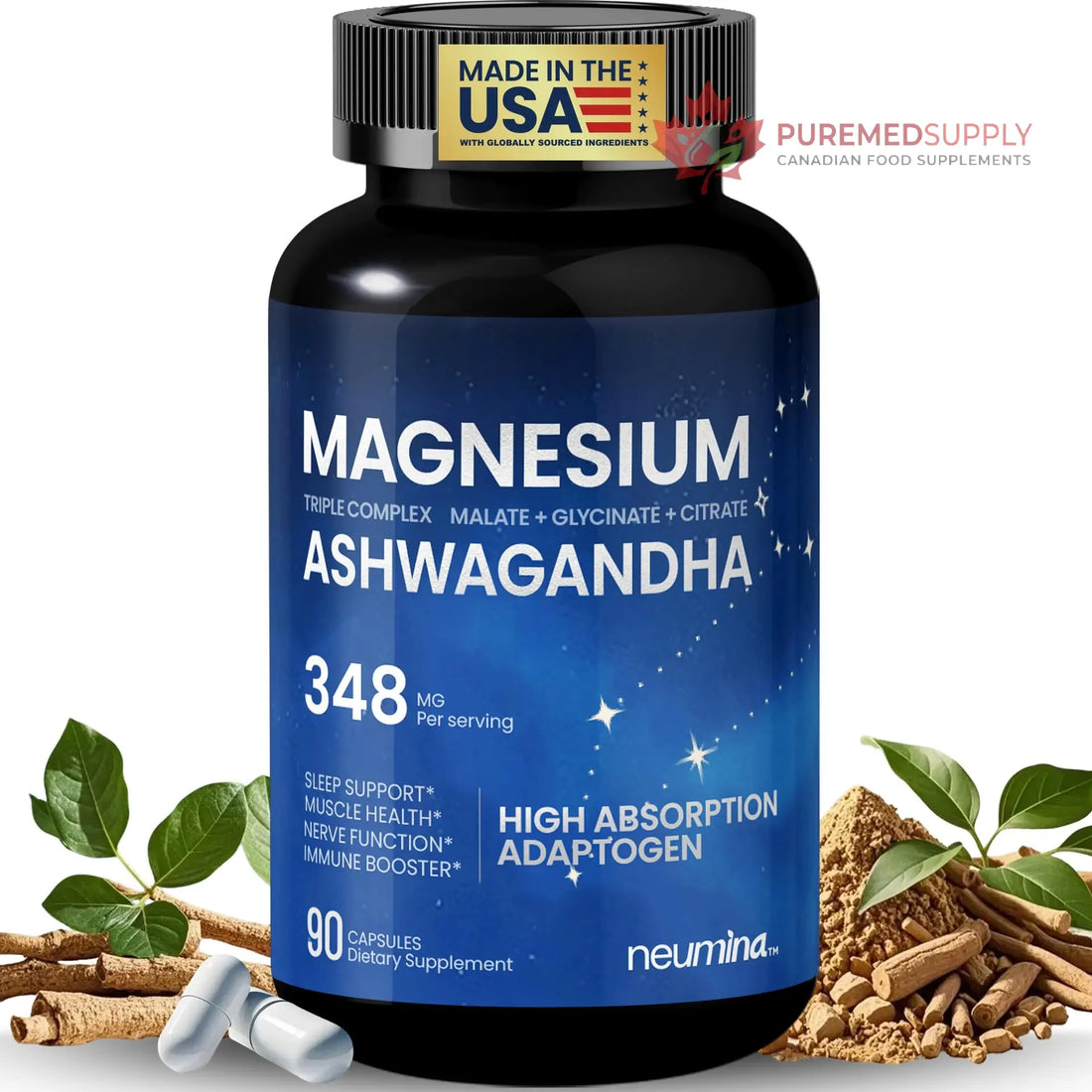 Magnesium Ashwagandha Complex | High-Absorption Multi Magnesium Supports Stress Relief, Sleep, Muscle & Heart Health | Vegan, Non-GMO, Gluten-Free, Made in USA, 90 Capsules((45-Day Supply) NEUMINA buy supplements canada