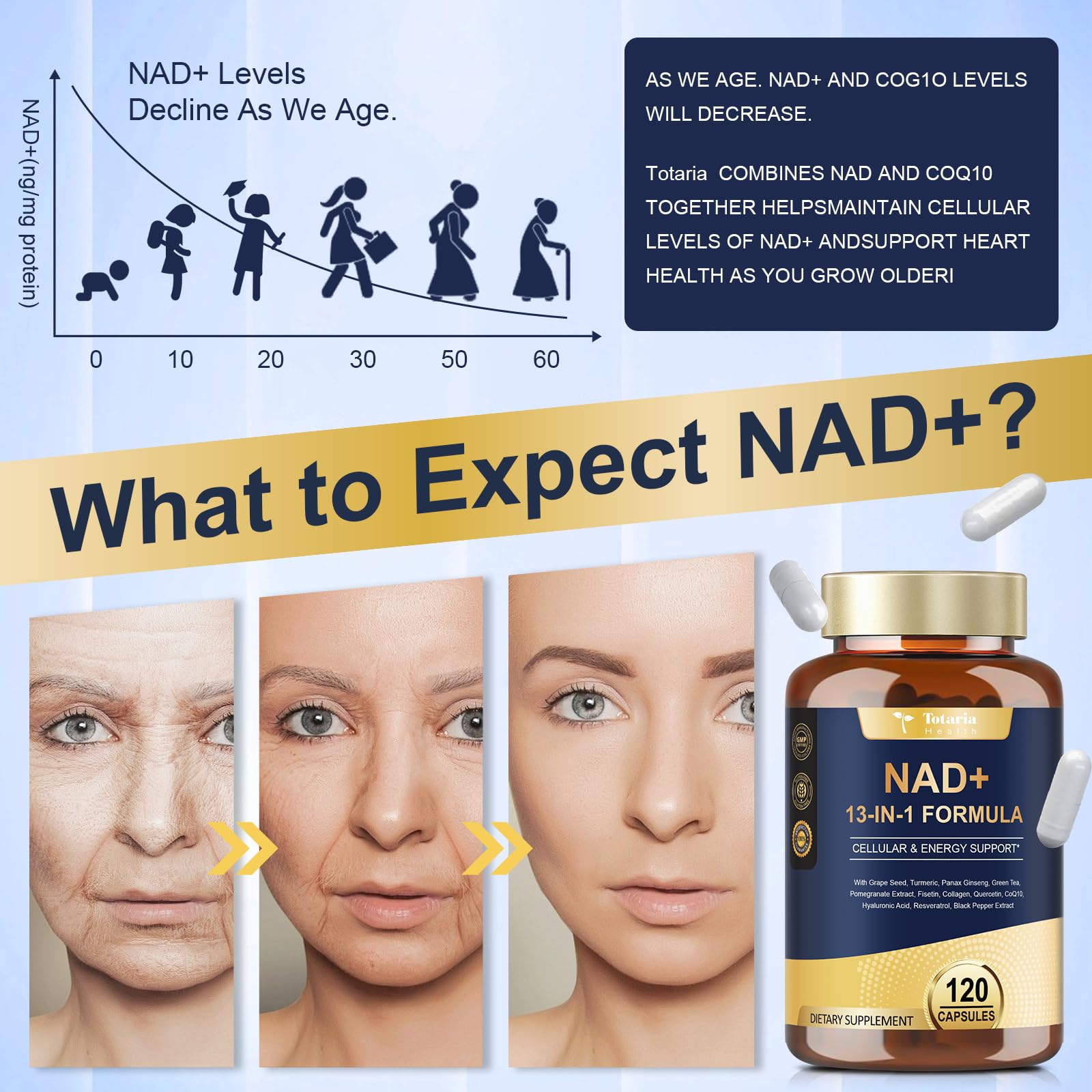 Totaria (2 Packs) NAD Supplement for Women Men with nicotinamide riboside resveratrol,Quercetin, Betaine Boost NAD+ Levels NAD Plus Supplement for Anti Aging, Energy, Immune, Focus 120 Capsules Totaria buy supplements canada
