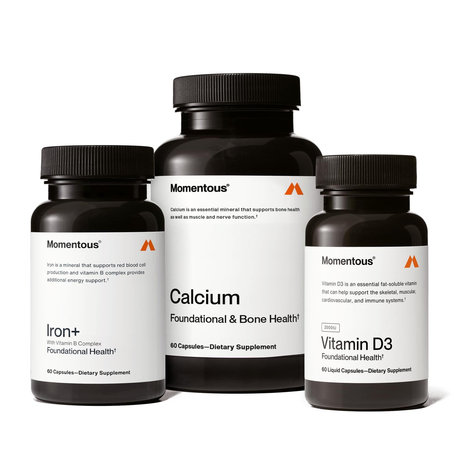 Momentous The Women's Three Bundle - Iron+, Calcium, & Vitamin D3 (2,000 IU) - 3 Critical Nutrients for All Women in 1 Daily Supplement System - NSF Certified for Sport - Gluten-Free - 60 Servings Momentous buy supplements canada