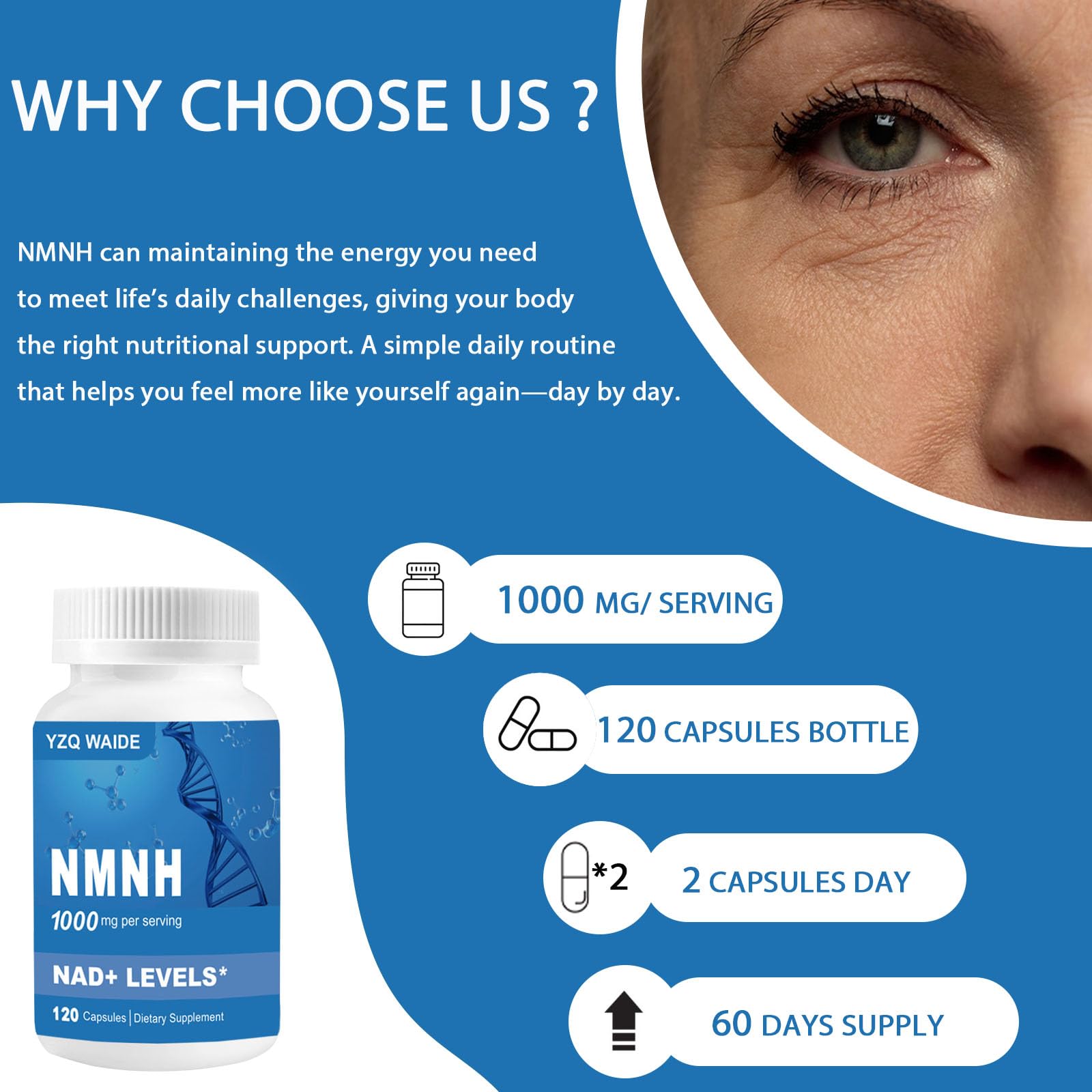 YZQ WAIDE NMNH (Dihydronicotinamide Mononucleotide), 1000mg NMNH Supplement to Boost NAD+ Levels Resveratrol Supplement with Quercetin for Energy, Aging, Non-GMO, Gluten Free, 120 Capsules YZQ WAIDE buy supplements canada