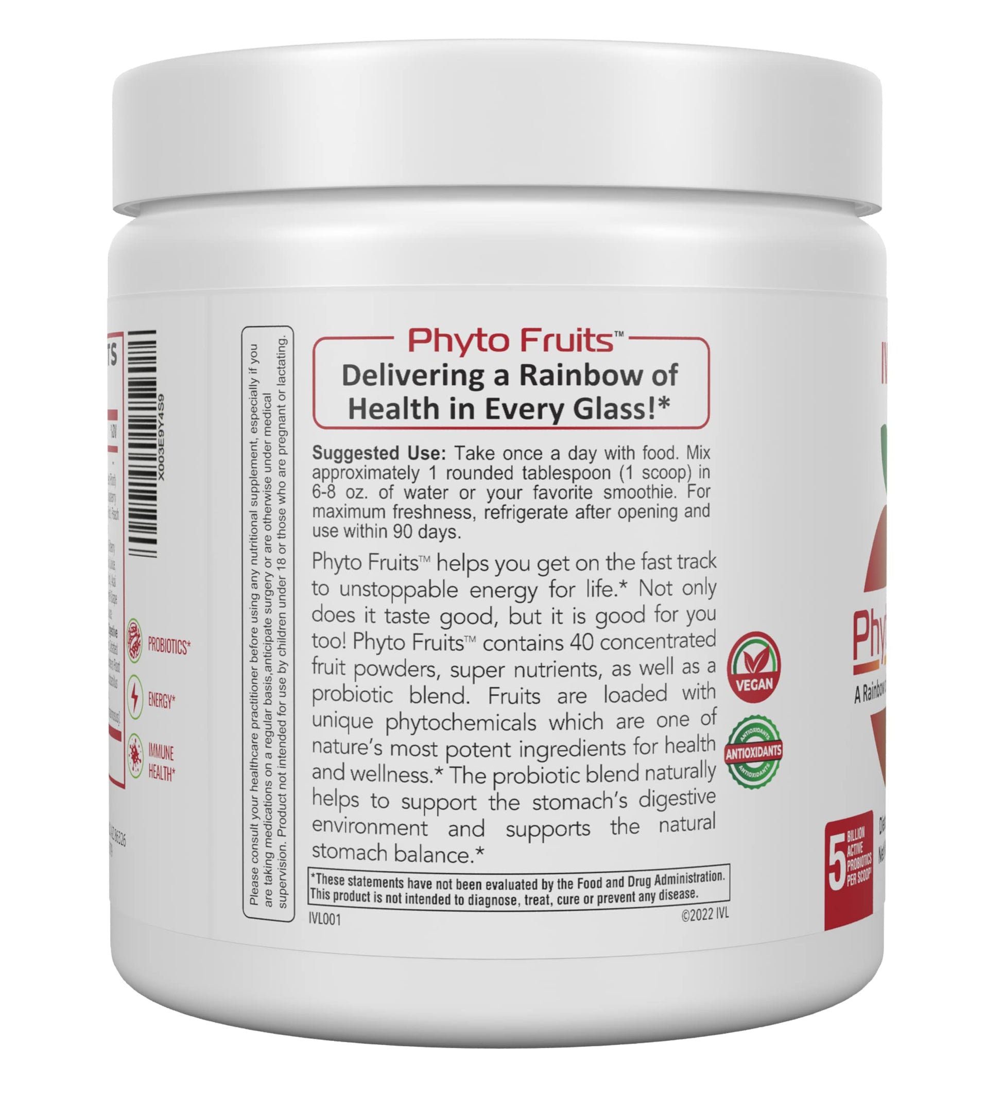 IVL - Phyto Fruits Superfood Powder - Support Energy - Digestive & Probiotic - Antioxidant - Vegan - 40 Fruits and Nutrients Plus 6 Probiotic Strains (30 Servings, 8.88 oz) IVL buy supplements canada
