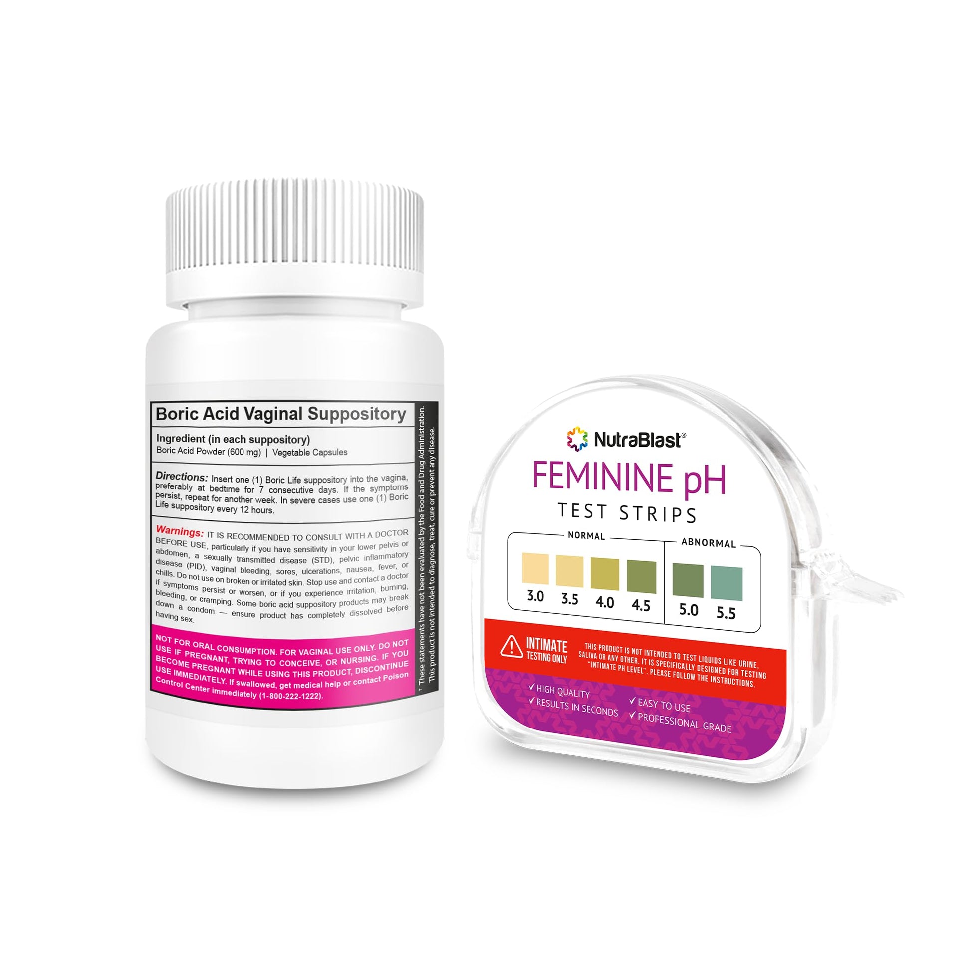 NutraBlast Boric Acid Suppositories 600mg (30 Count) Bundle with Feminine pH Test Strips 3.0-5.5 (100 Tests Roll) | Monitor Intimate Health | Accurate Women’s Acidity & Alkalinity NutraBlast buy supplements canada