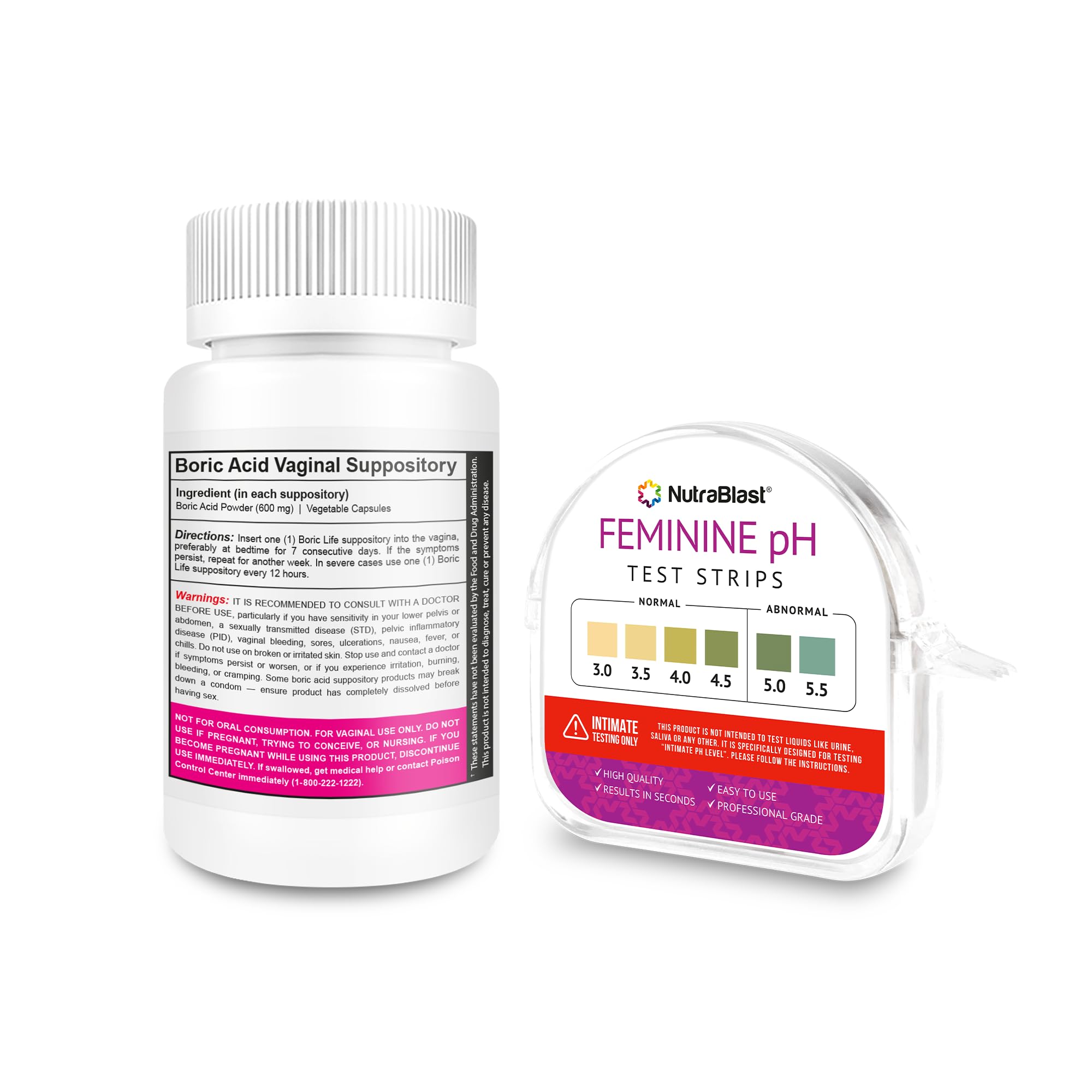 NutraBlast Boric Acid Suppositories 600mg (30 Count) Bundle with Feminine pH Test Strips 3.0-5.5 (100 Tests Roll) | Monitor Intimate Health | Accurate Women’s Acidity & Alkalinity NutraBlast buy supplements canada