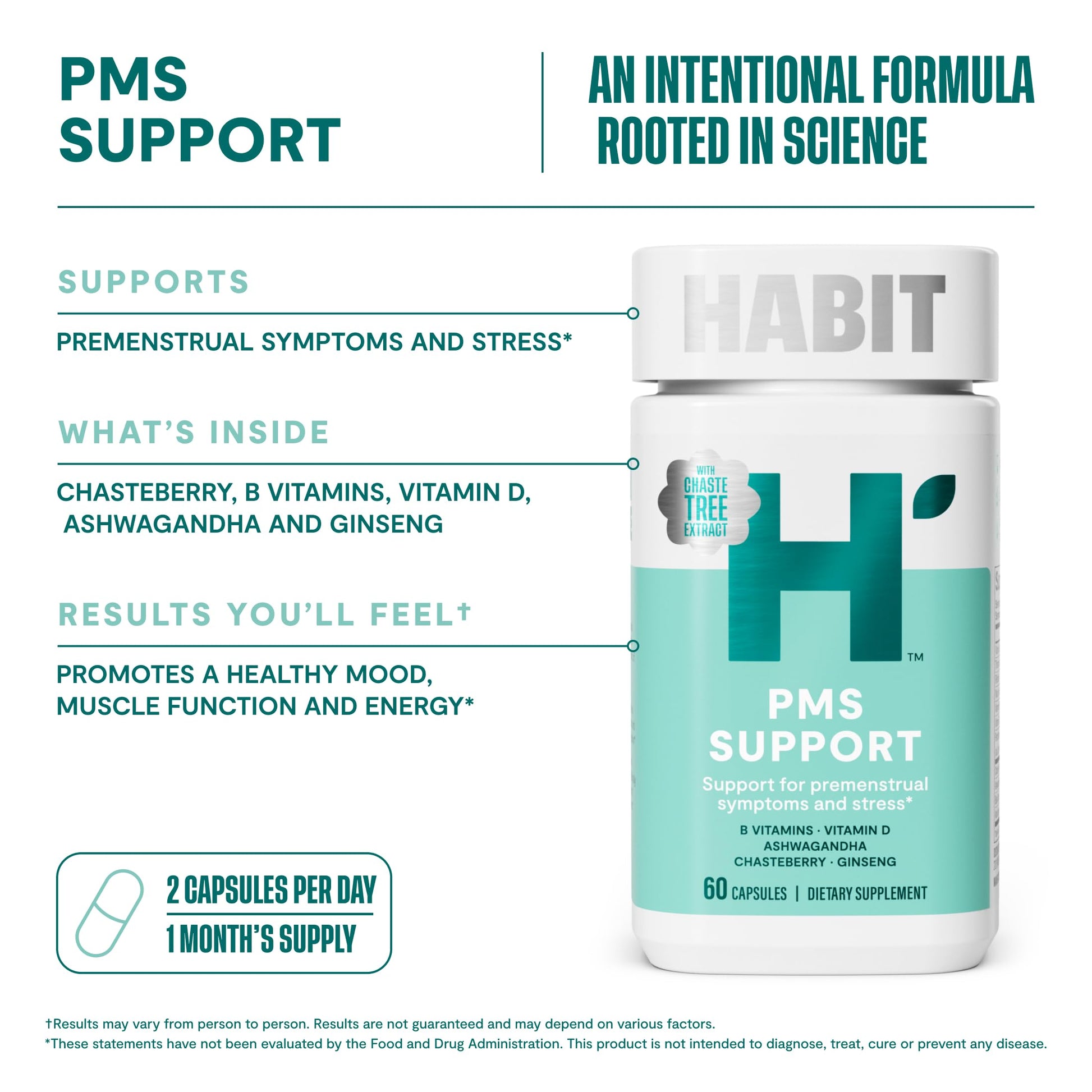 Habit PMS Support Supplement for Women (60 Capsules) - Supports Premenstrual Symptoms & Stress, Hormone Balance, Mood, B Vitamins, Vitamin D, Chasteberry, Ashwagandha, Gluten-Free, Non-GMO (1 Pack) H' Habit buy supplements canada